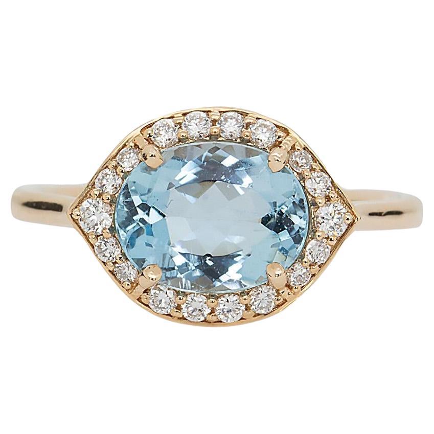 1.5cts Aquamarine Ring with Natural Diamonds Accents: Solid 14k Gold, 9x7mm