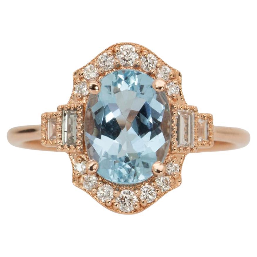 1.5cts Aquamarine Ring with Natural Diamonds Accents: Solid 14k Gold, Oval 9x7mm For Sale