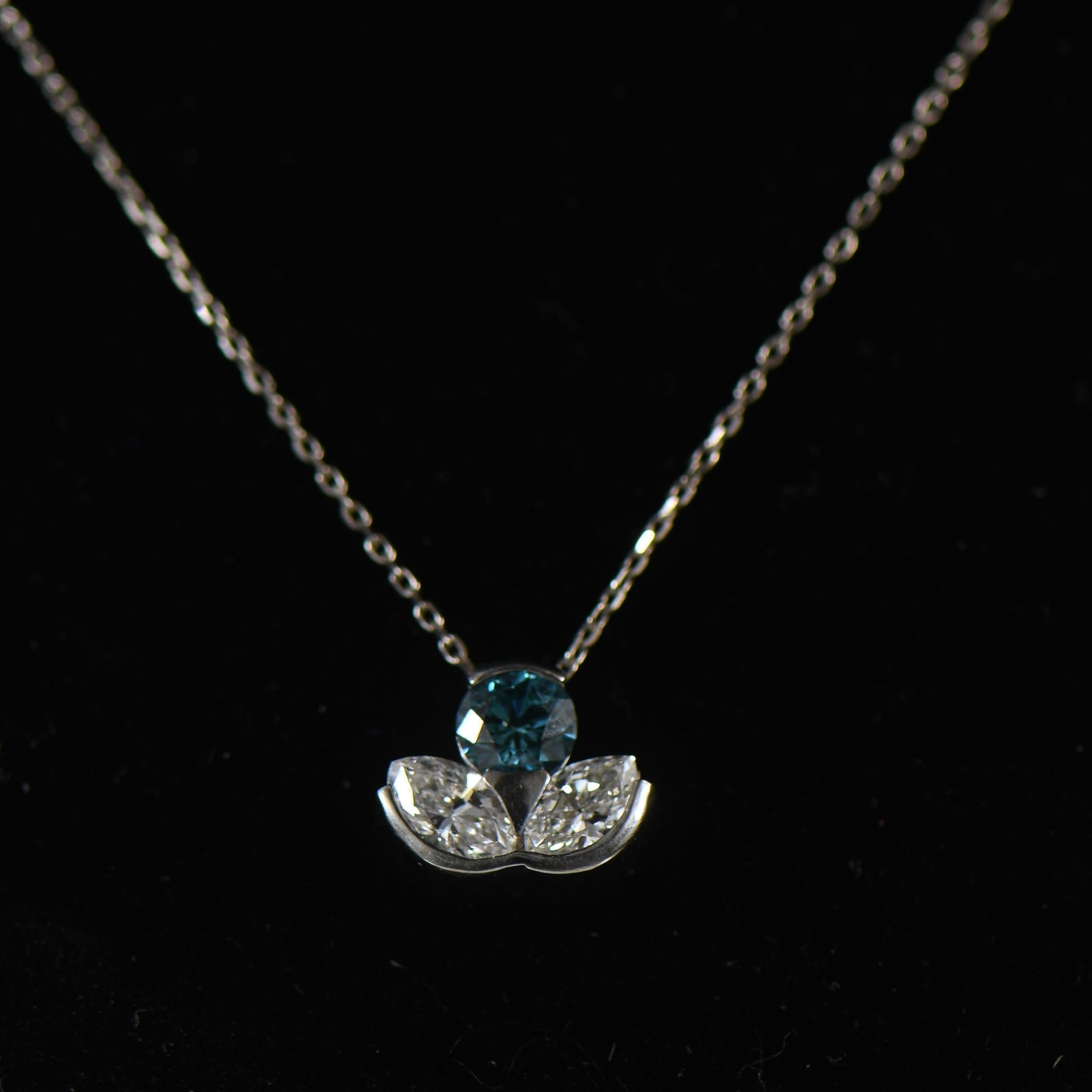 1.5ctw Blue Diamond Three Stone Bezel Set Pendant in 14k White Gold In Good Condition For Sale In Addison, TX