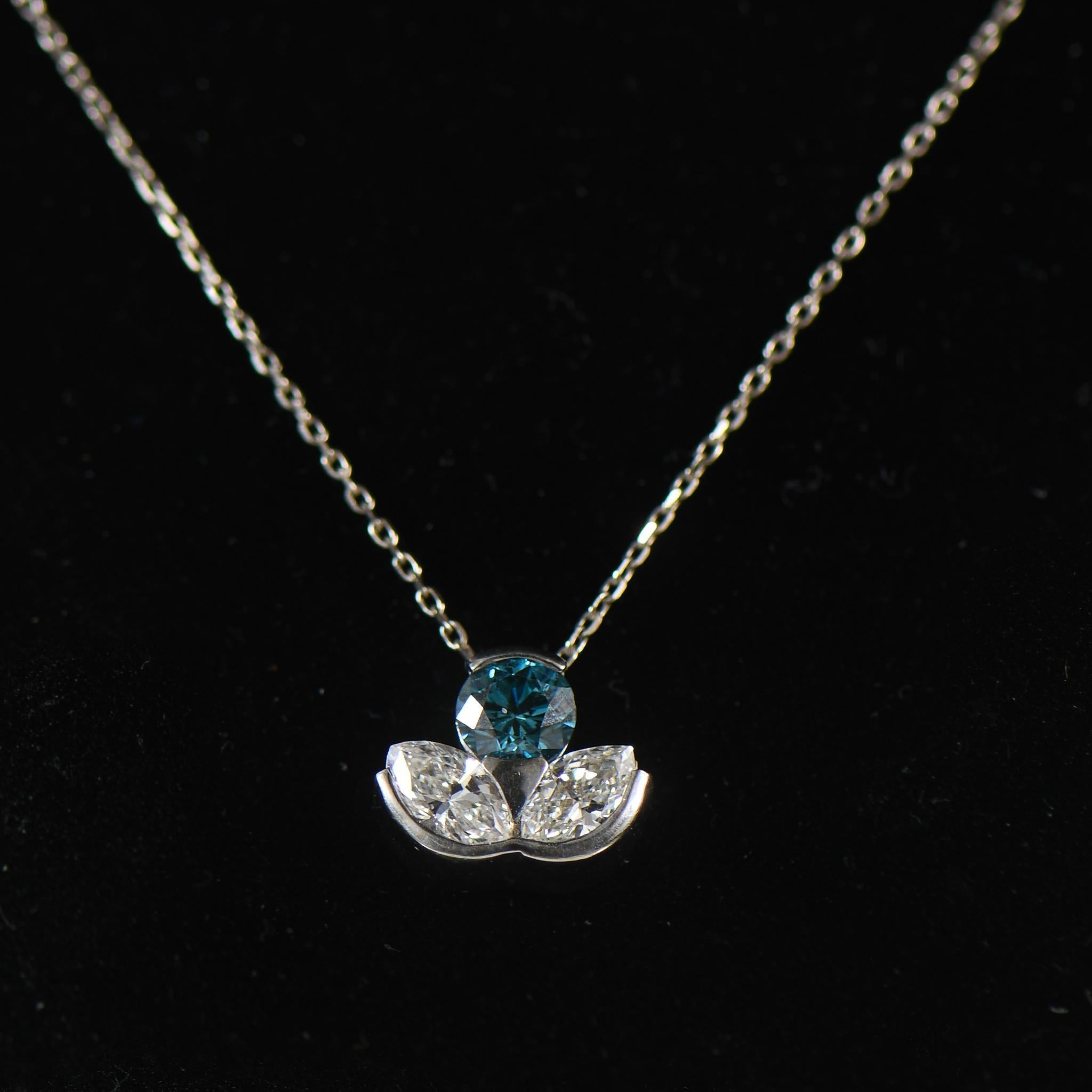 1.5ctw Blue Diamond Three Stone Bezel Set Pendant in 14k White Gold For Sale 1