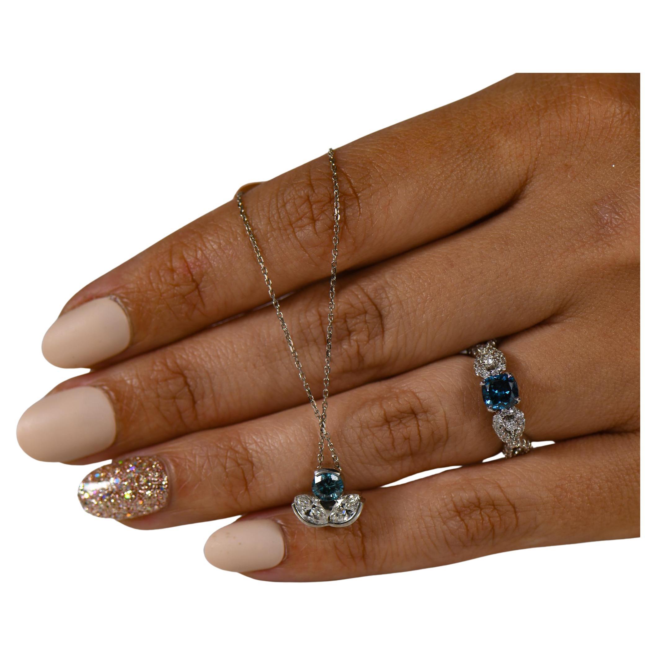 1.5ctw Blue Diamond Three Stone Bezel Set Pendant in 14k White Gold For Sale