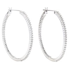 1.5ctw Large Skinny Diamond Hoop Earrings, 10K White Gold, Length 1.75 Inch