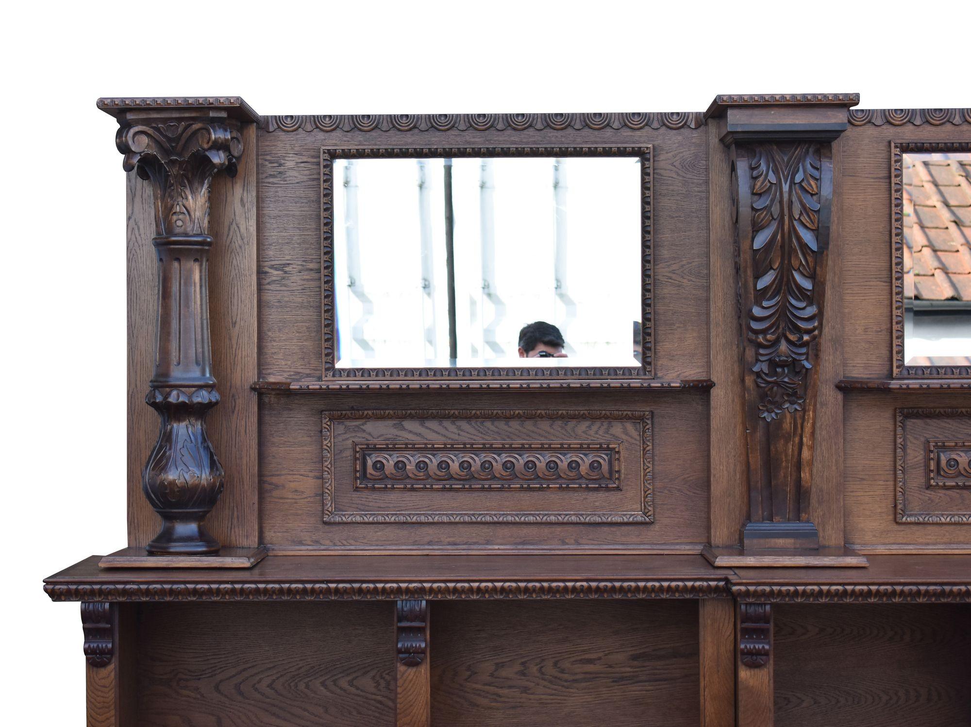 15ft Victorian Style Carved Oak Front and Back Bar For Sale 11