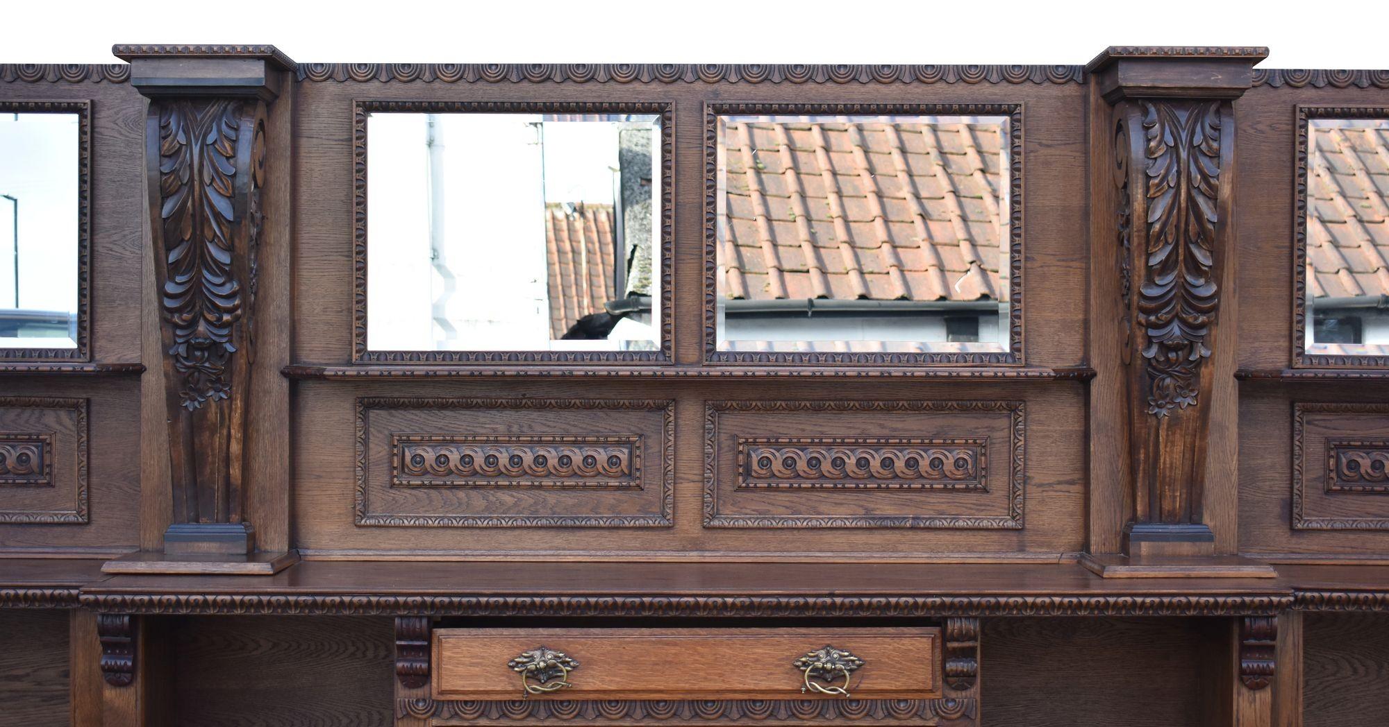 15ft Victorian Style Carved Oak Front and Back Bar For Sale 12