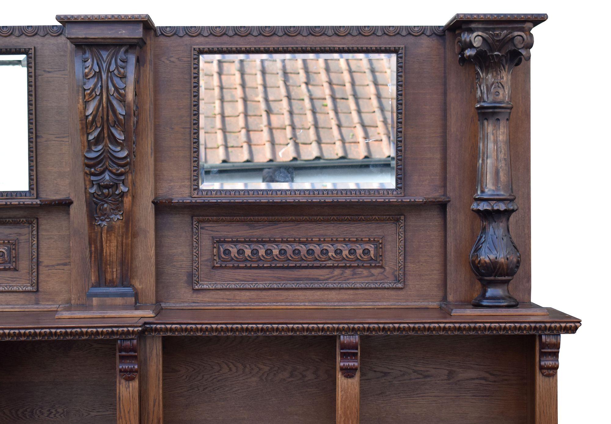 15ft Victorian Style Carved Oak Front and Back Bar For Sale 13