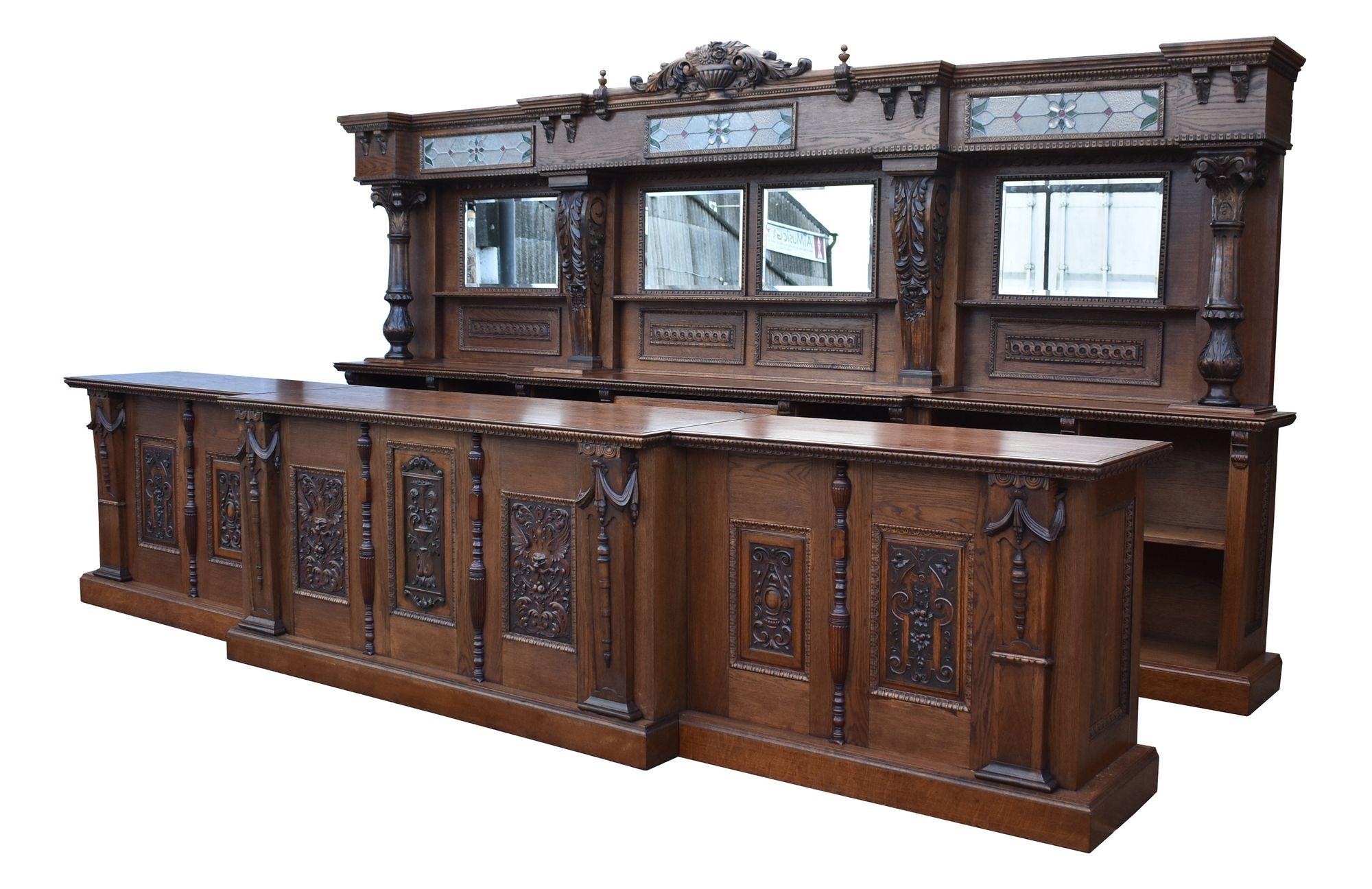 English 15ft Victorian Style Carved Oak Front and Back Bar For Sale