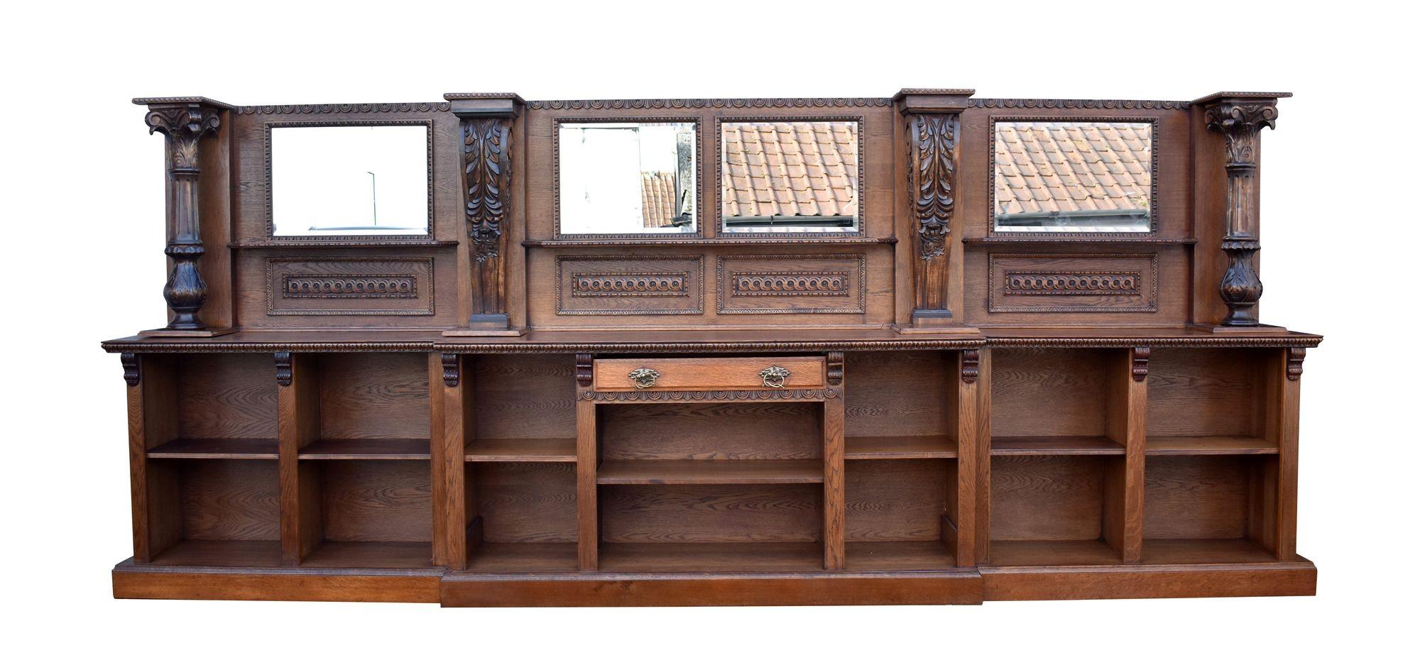20th Century 15ft Victorian Style Carved Oak Front and Back Bar For Sale