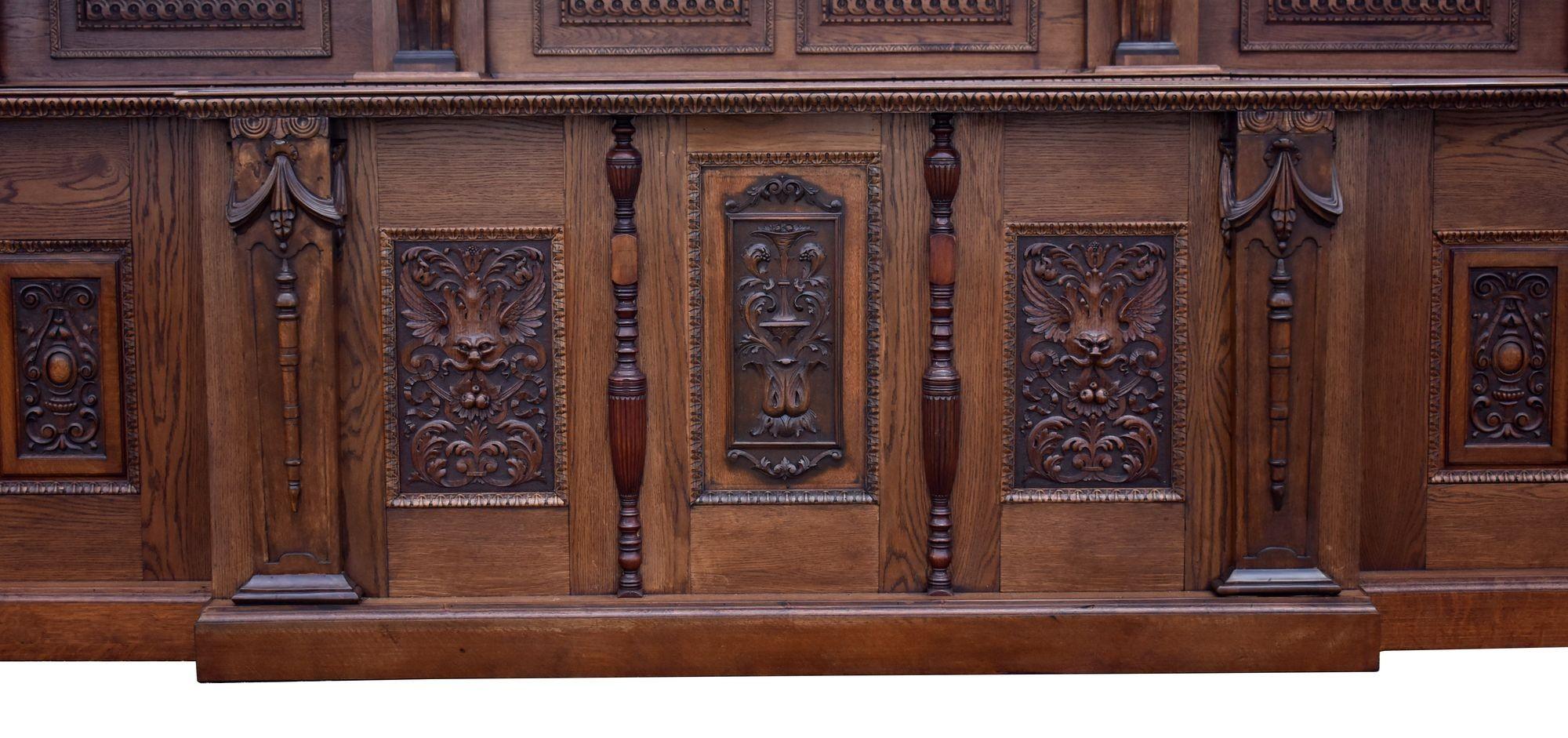 15ft Victorian Style Carved Oak Front and Back Bar For Sale 3