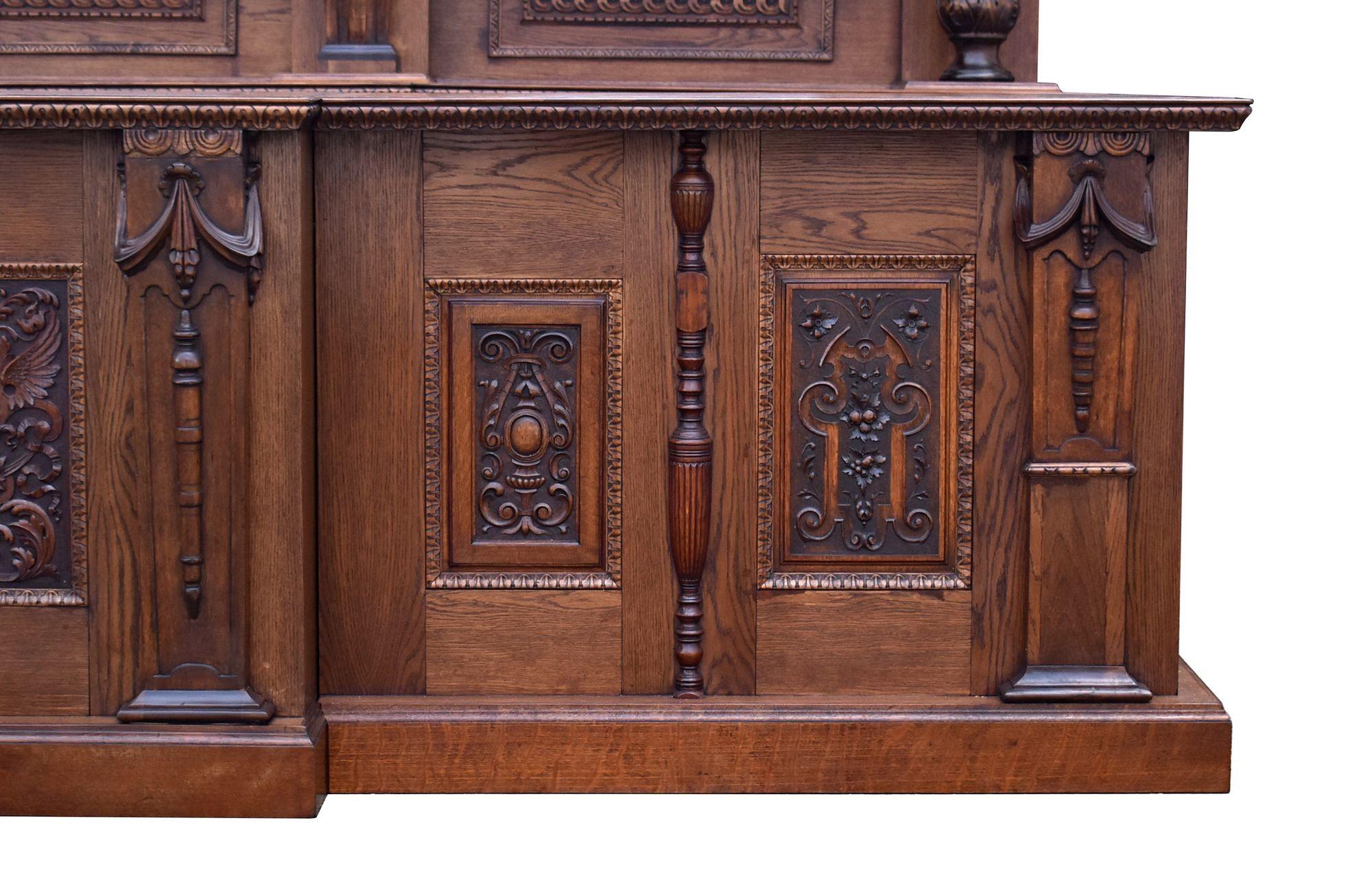 15ft Victorian Style Carved Oak Front and Back Bar For Sale 4