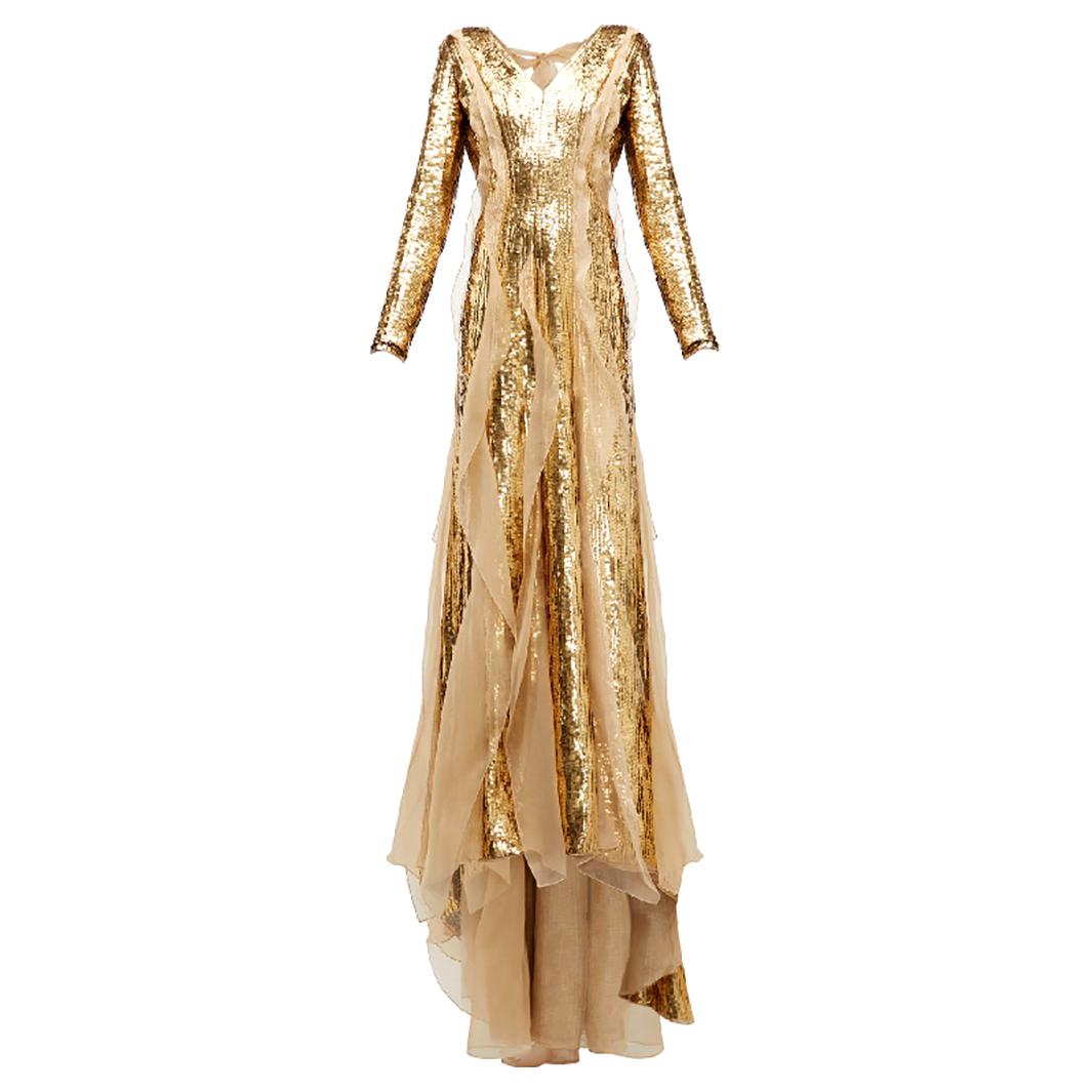 $15K CAROLINA HERRERA Sequinned Silk-organza Gown In Gold