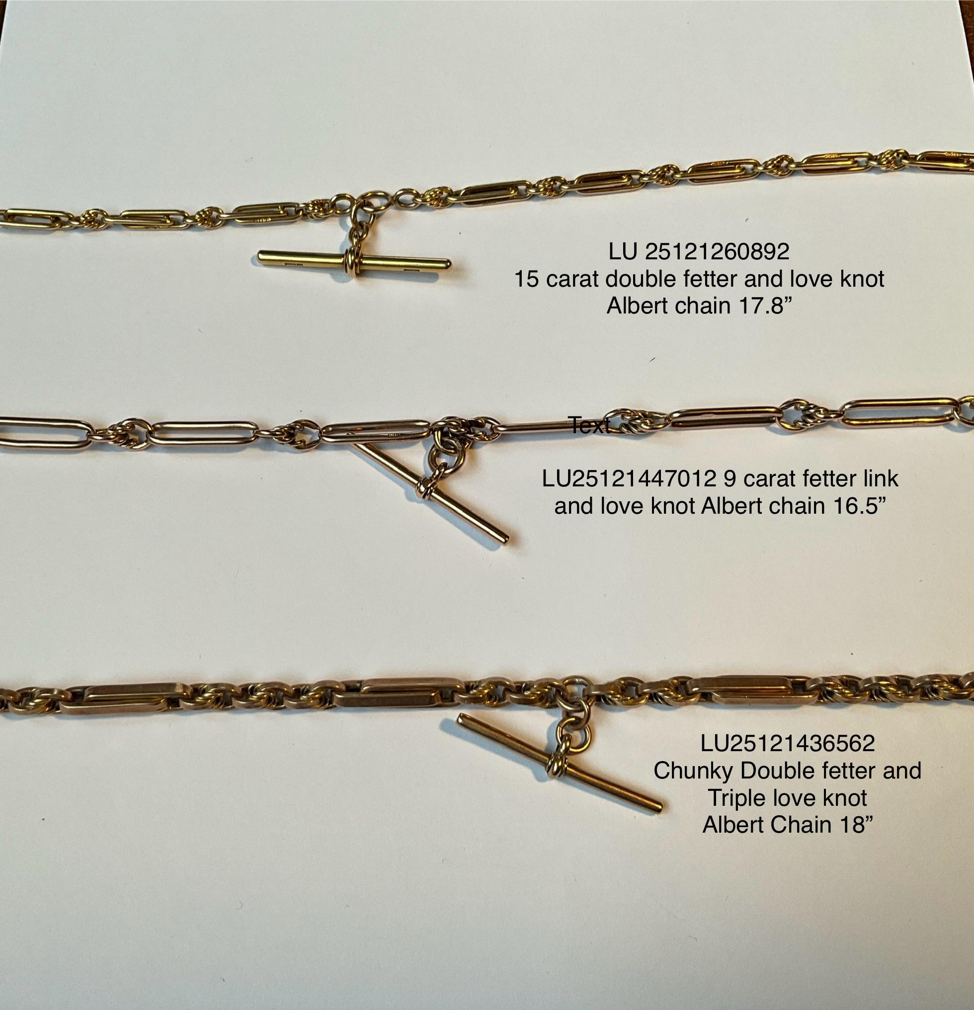15K Double Fetter Link and Love Knot Link Albert Chain, 17.8