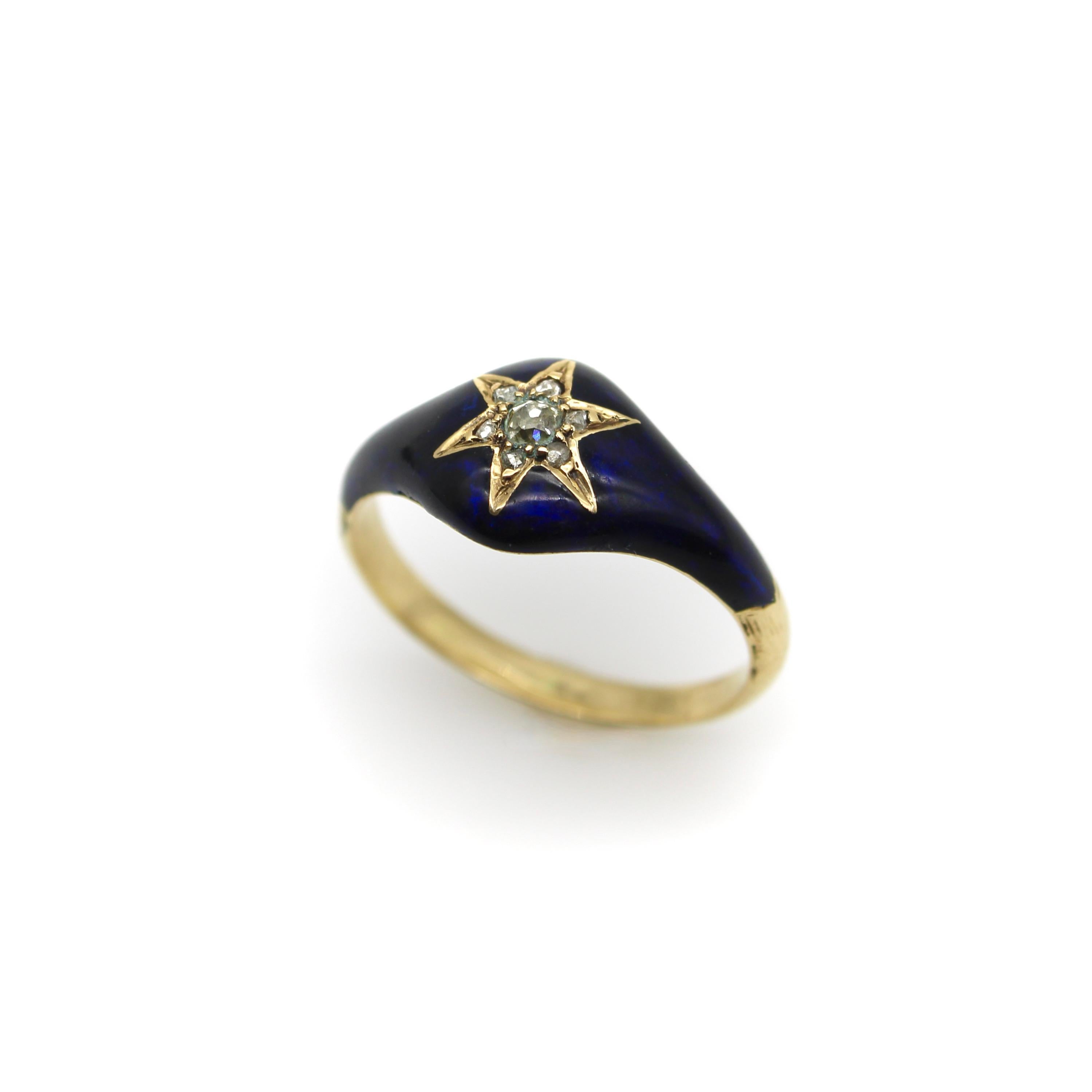 Women's or Men's 15K Early Victorian Diamond and Blue Enamel Star Ring For Sale