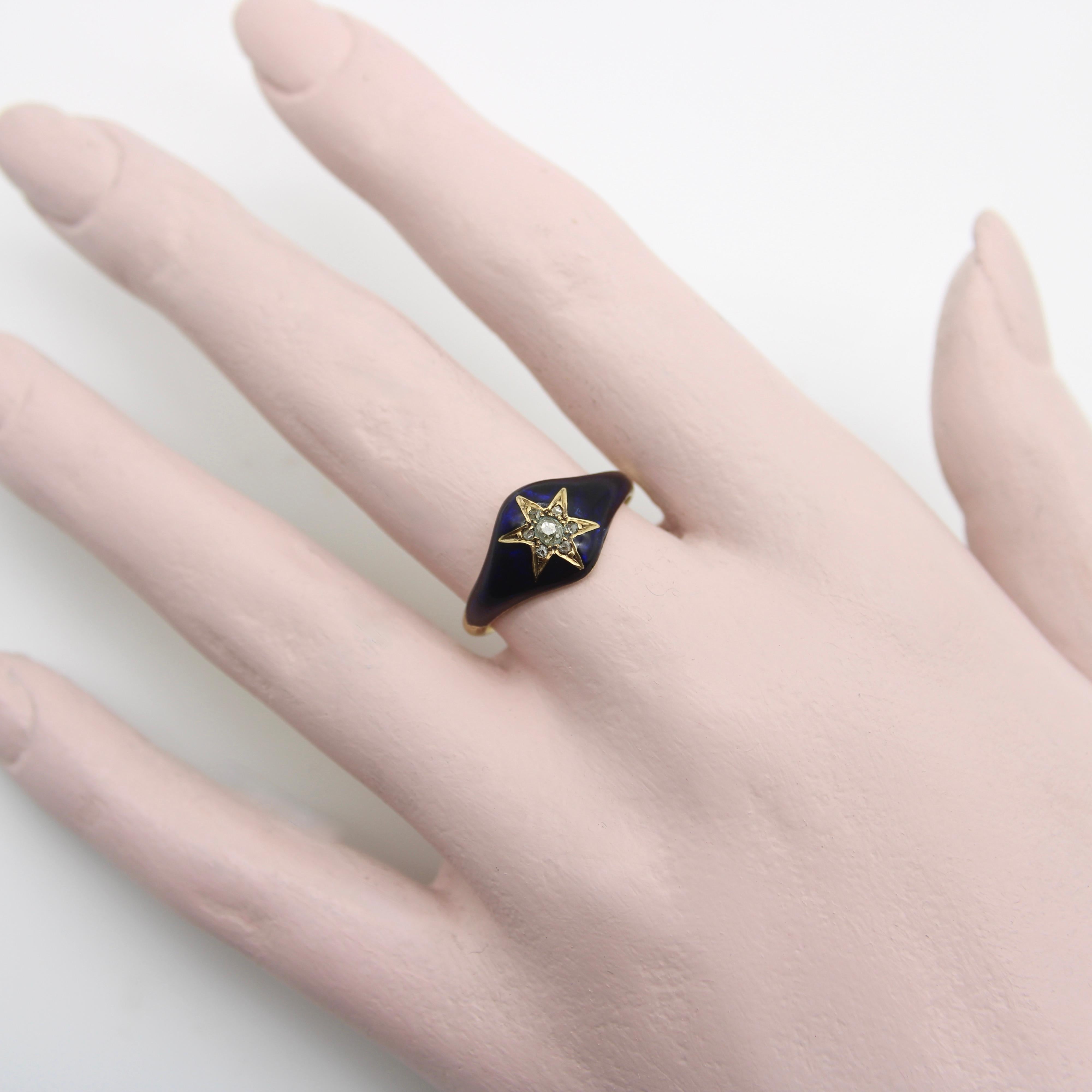 15K Early Victorian Diamond and Blue Enamel Star Ring For Sale 1