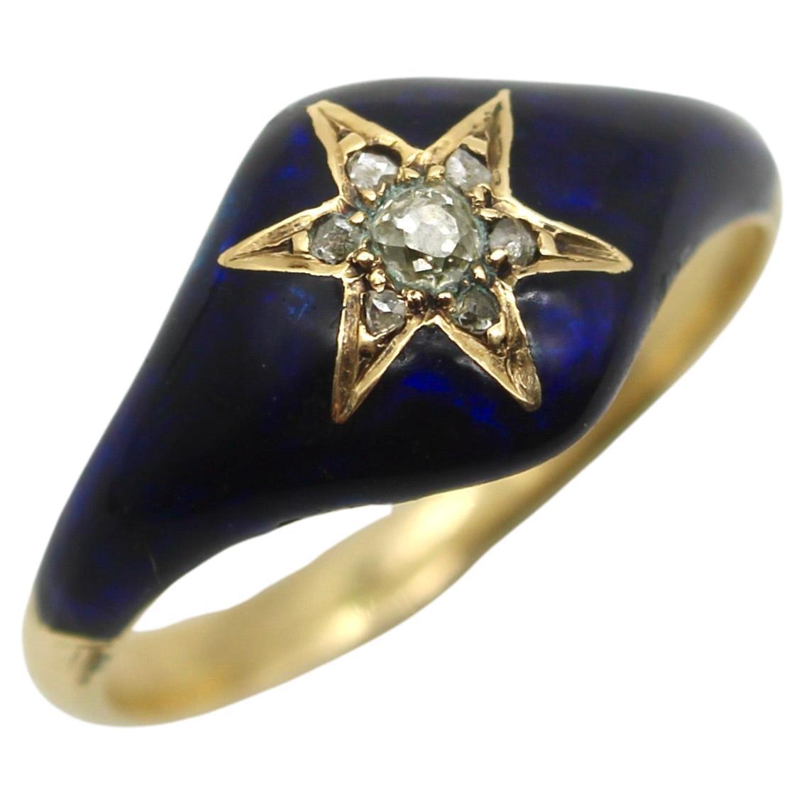 15K frühviktorianischer Sternring mit Diamanten und blauer Emaille