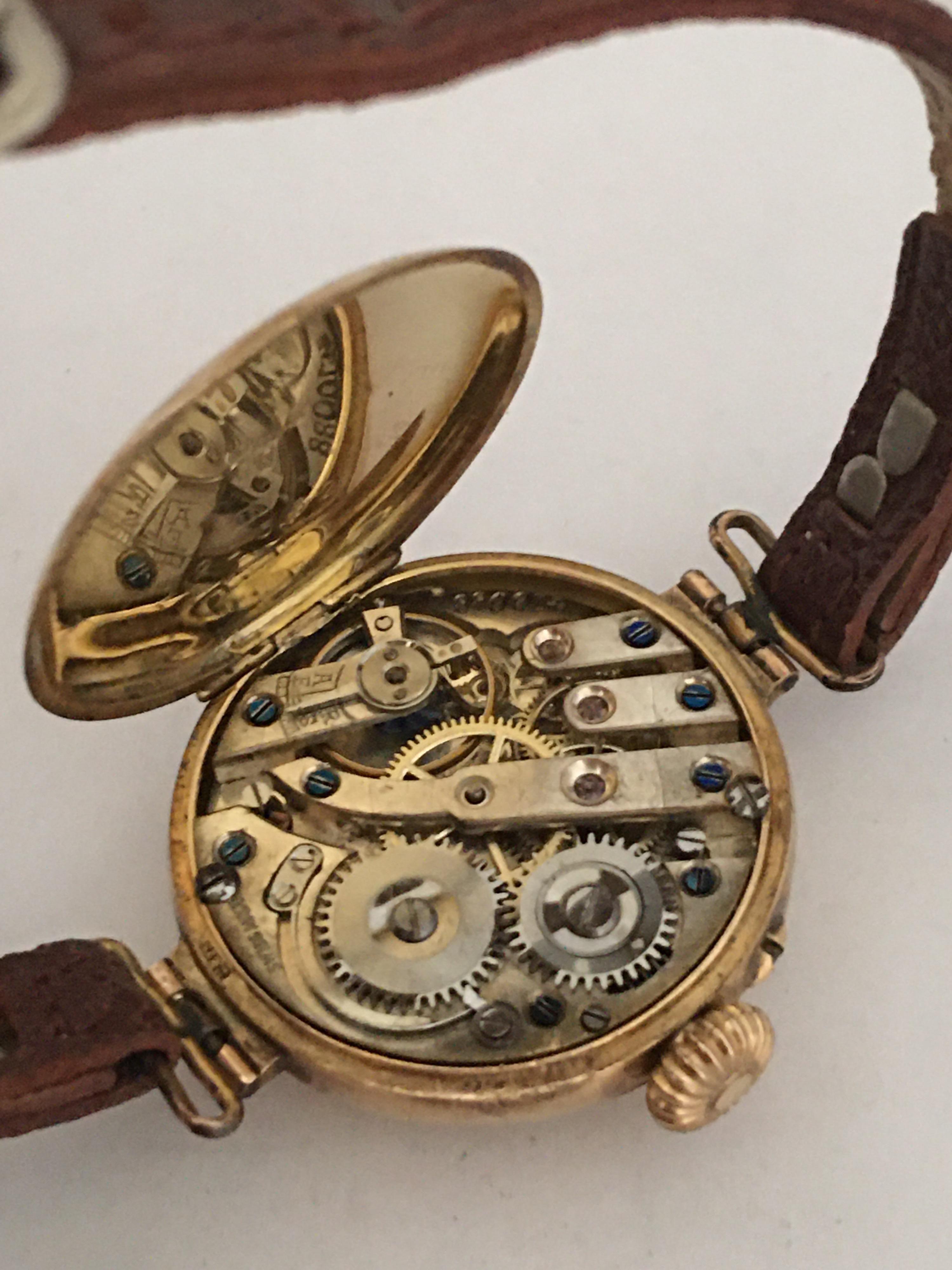 15 Karat Gold Antique Swiss Ladies Trench Watch For Sale 6