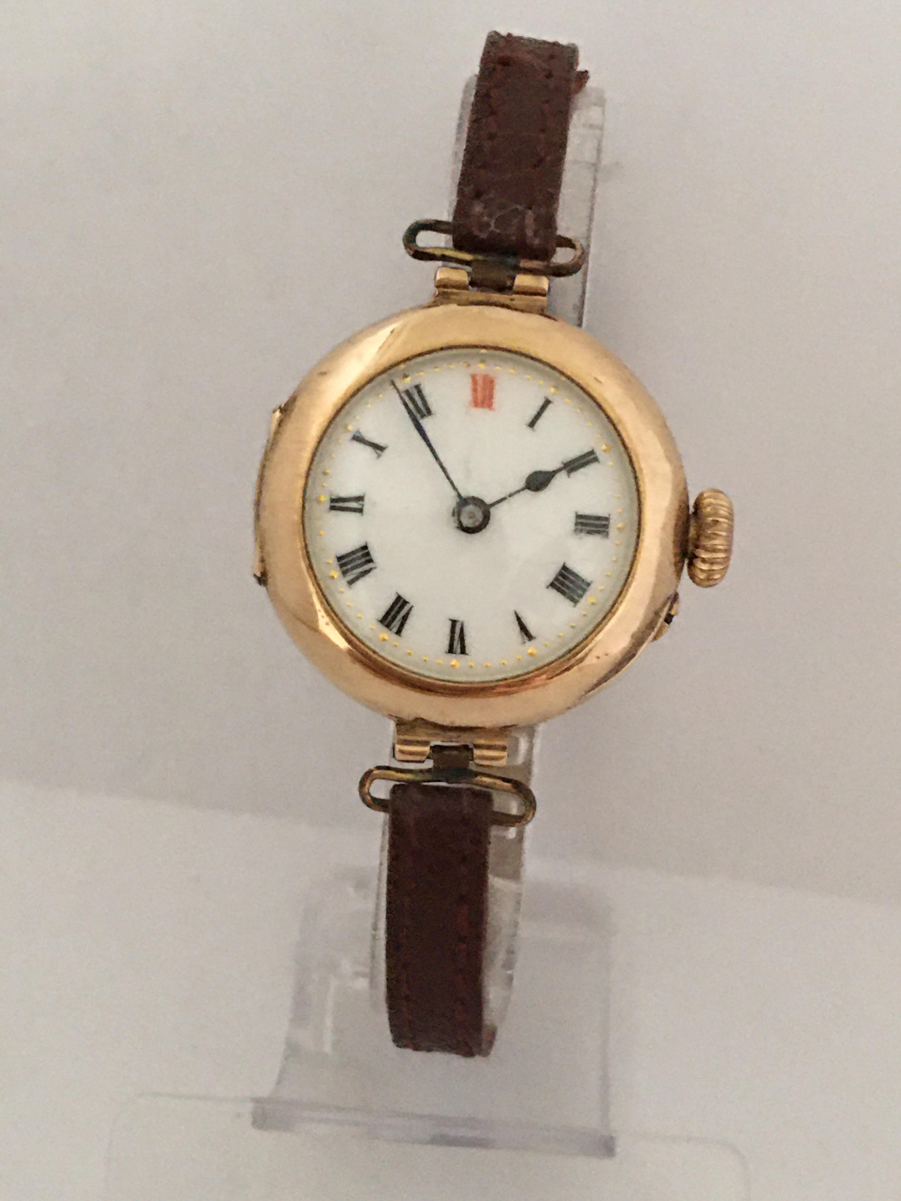 15 Karat Gold Antique Swiss Ladies Trench Watch For Sale 10