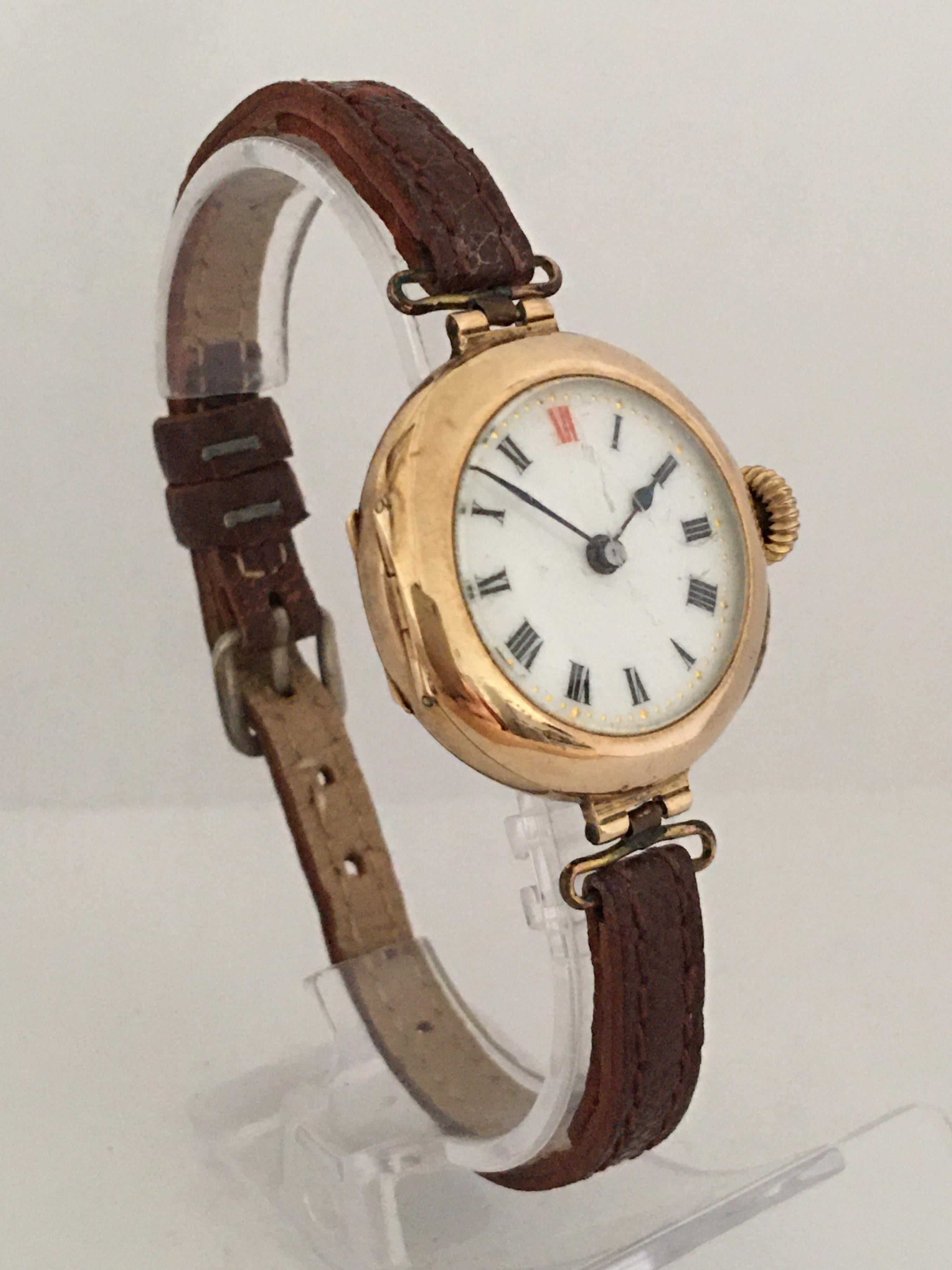 Women's or Men's 15 Karat Gold Antique Swiss Ladies Trench Watch For Sale