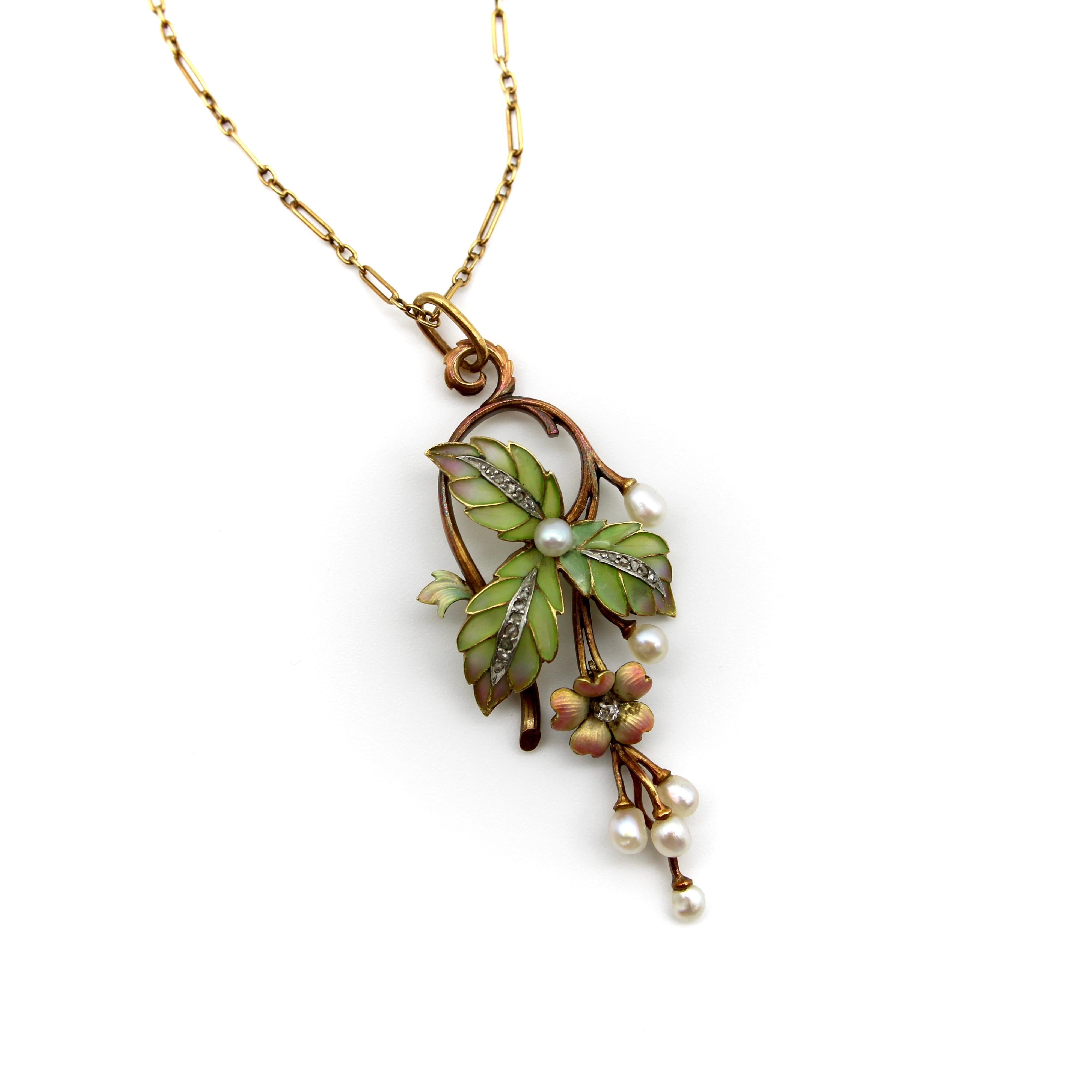 Rose Cut 15k Gold Art Nouveau Plique-à-jour Diamond and Pearl Necklace For Sale