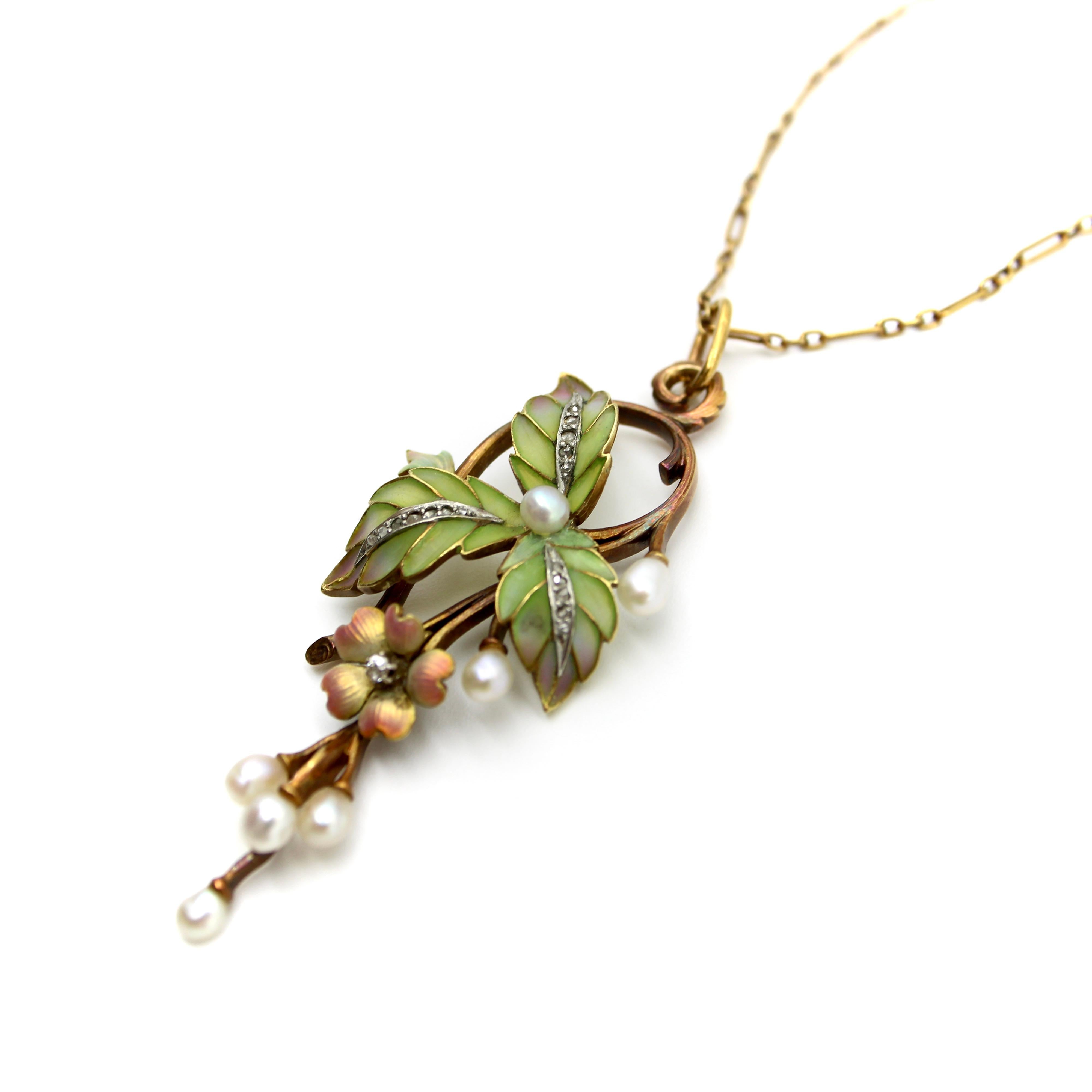 15k Gold Art Nouveau Plique-à-jour Diamond and Pearl Necklace For Sale 1