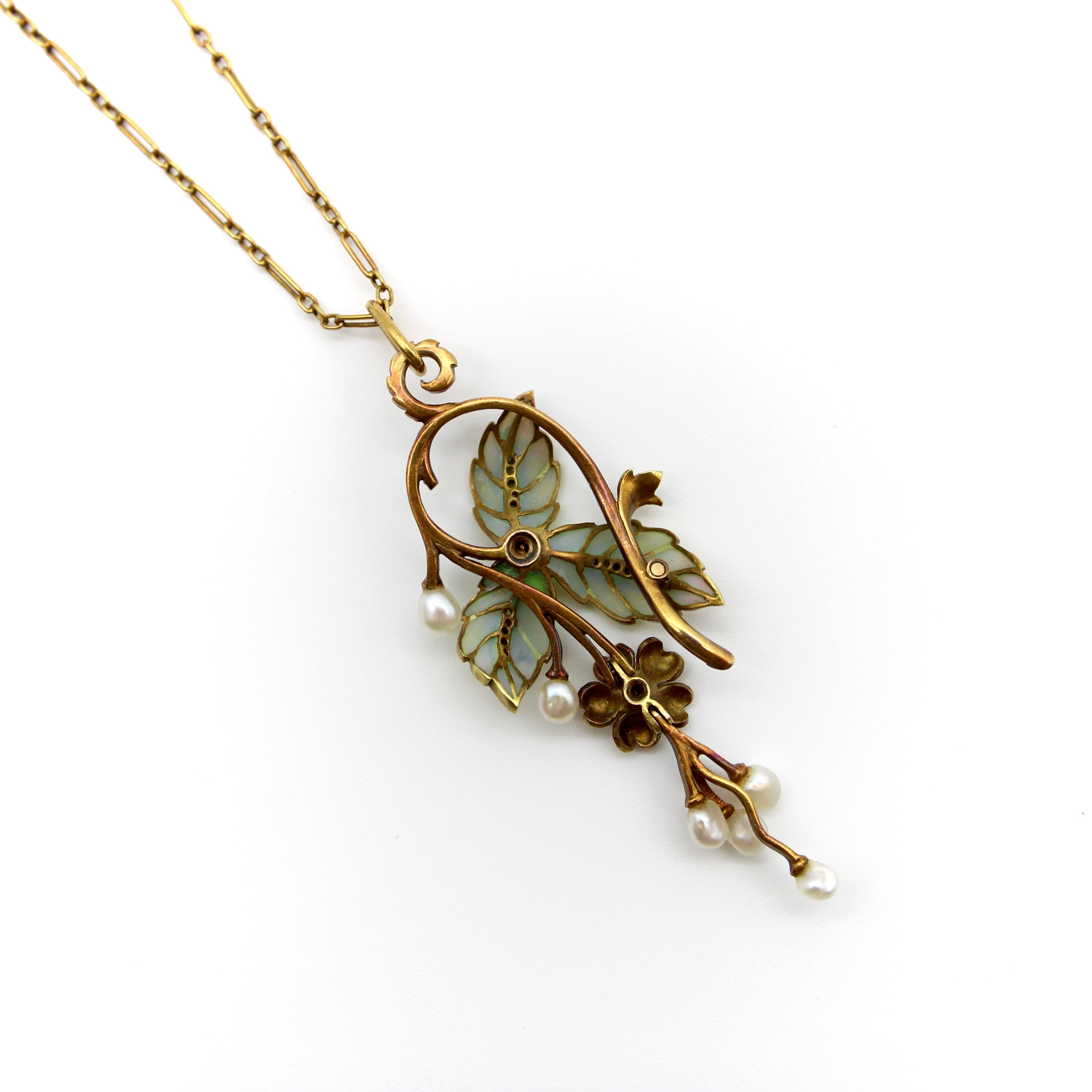 15k Gold Art Nouveau Plique-à-jour Diamond and Pearl Necklace For Sale 4