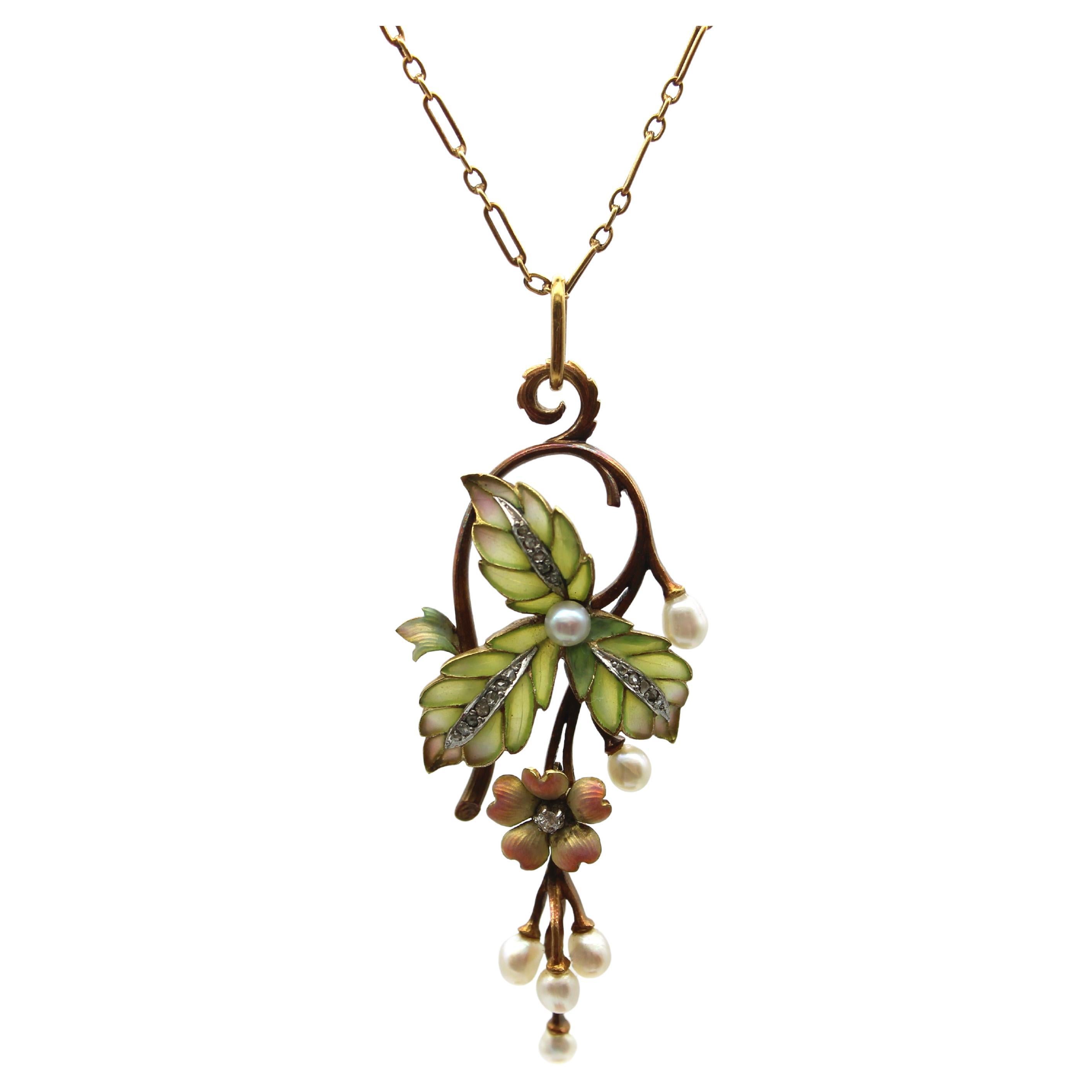 15k Gold Art Nouveau Plique-à-jour Diamond and Pearl Necklace For Sale