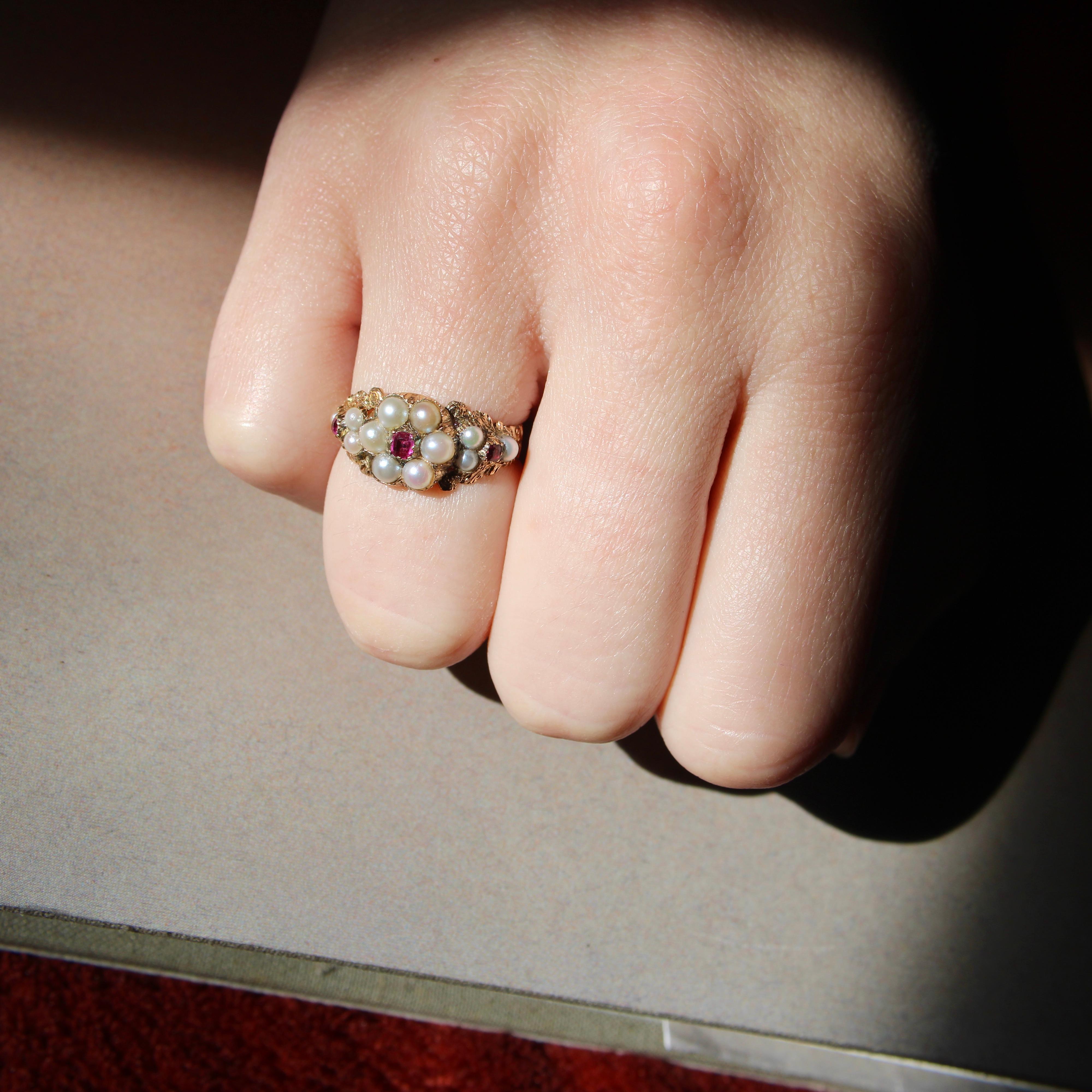 Anillo Flor Victoriano Antiguo de Oro de 15 K con Perla y Rubí en venta 5