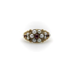 15K Gold Early Victorian Flower Ring with Pearl and Ruby
