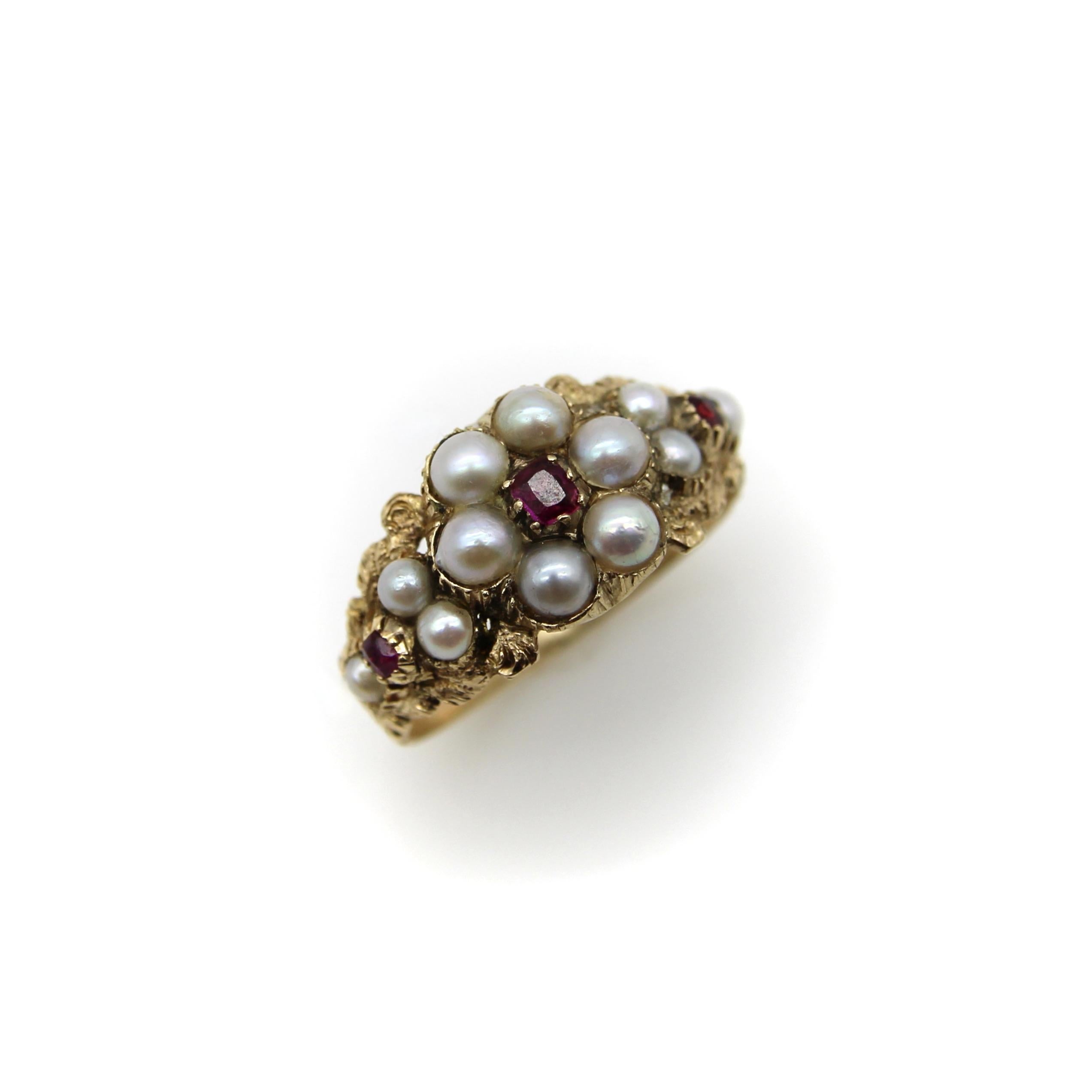 Anillo Flor Victoriano Antiguo de Oro de 15 K con Perla y Rubí en venta 1