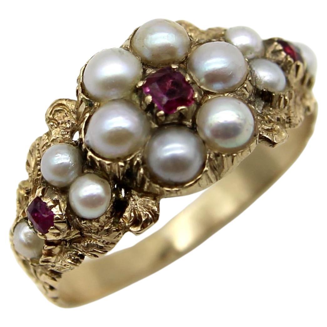 Anillo Flor Victoriano Antiguo de Oro de 15 K con Perla y Rubí en venta
