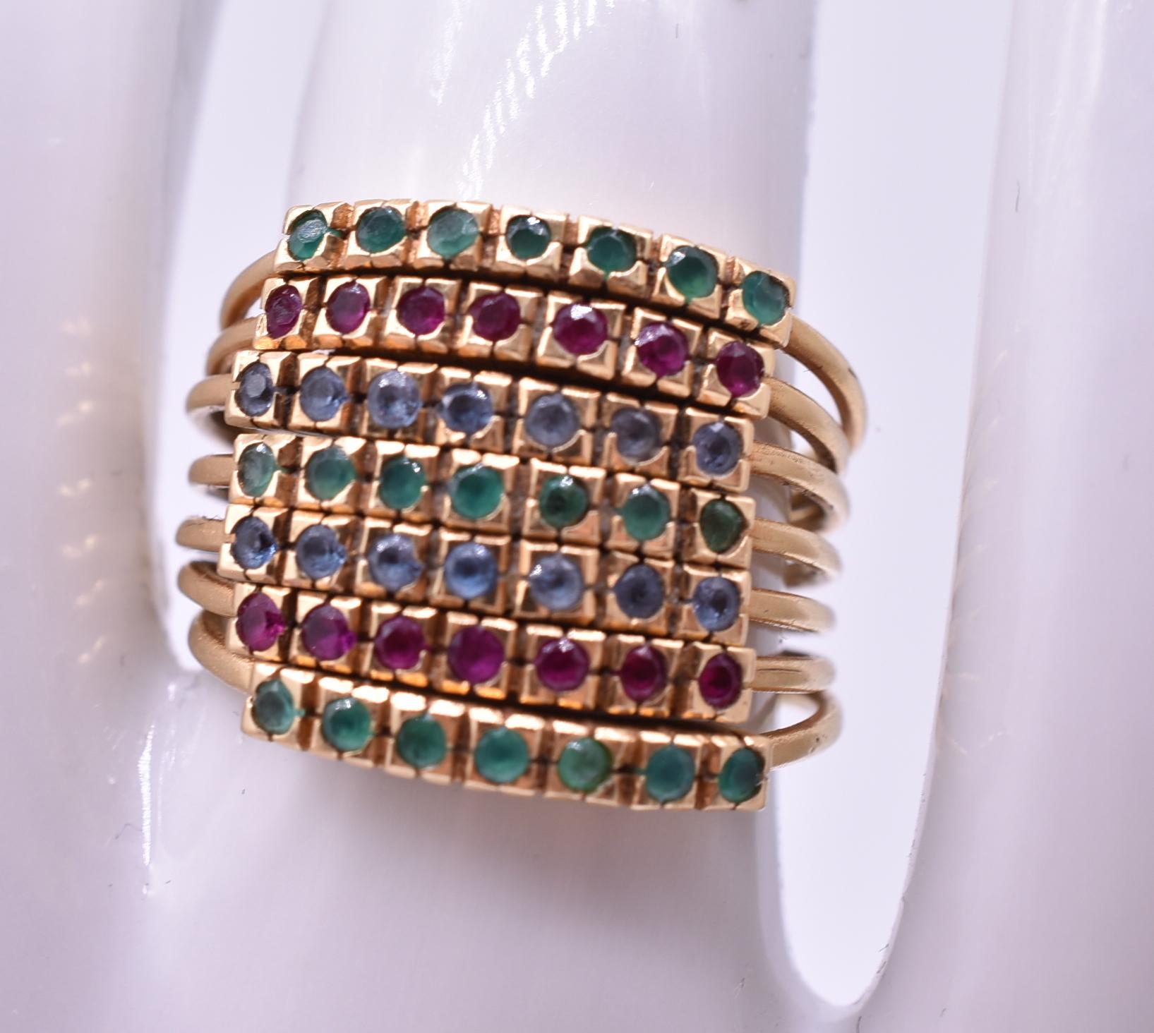 Modernist 15 Karat Gold Emerald, Diamond and Sapphire Harem Ring