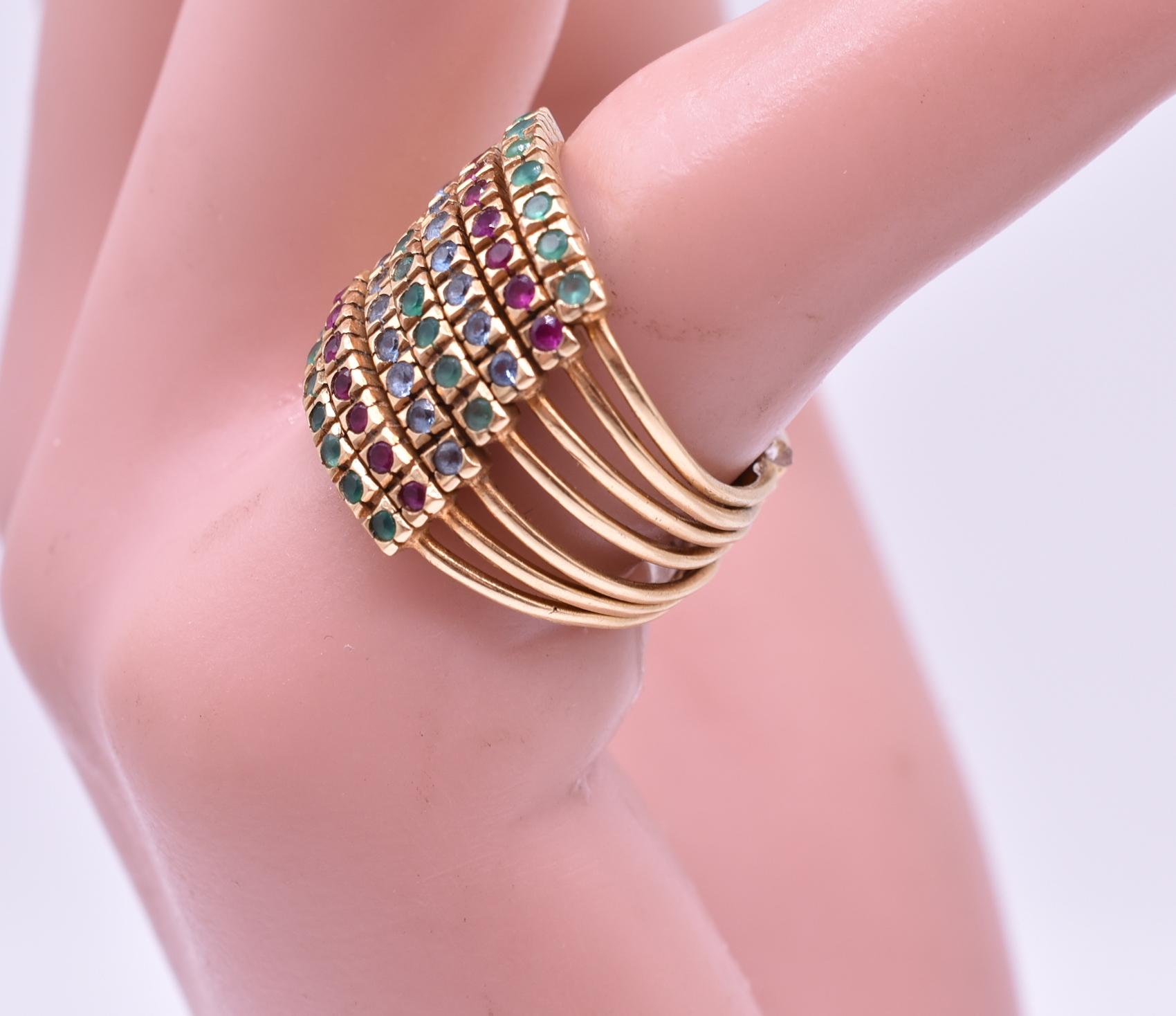 Women's 15 Karat Gold Emerald, Diamond and Sapphire Harem Ring