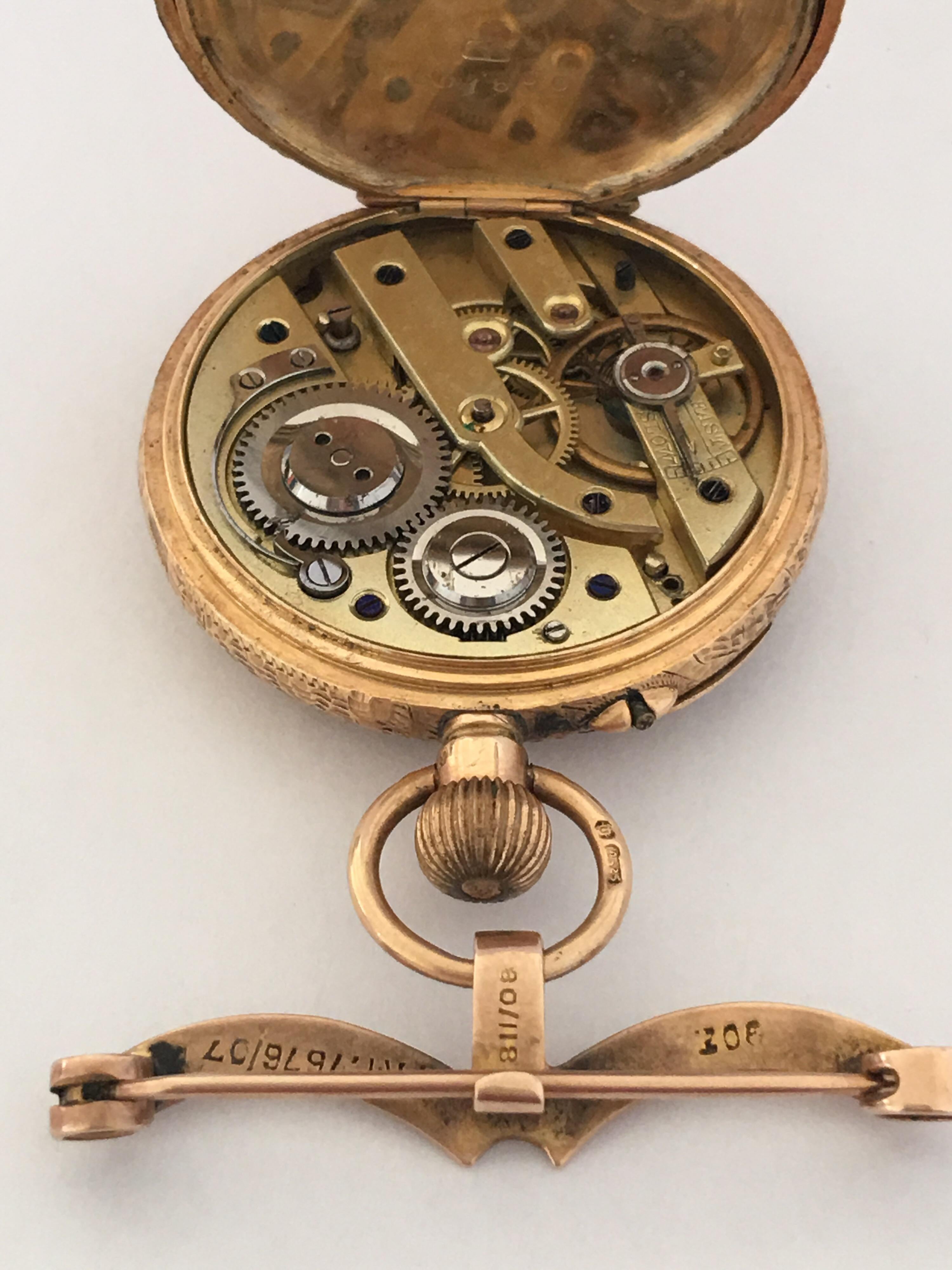 15 Karat Gold Enamel Gold Inlaid Dial Antique Brooch Fob Watch, circa 1890 For Sale 2