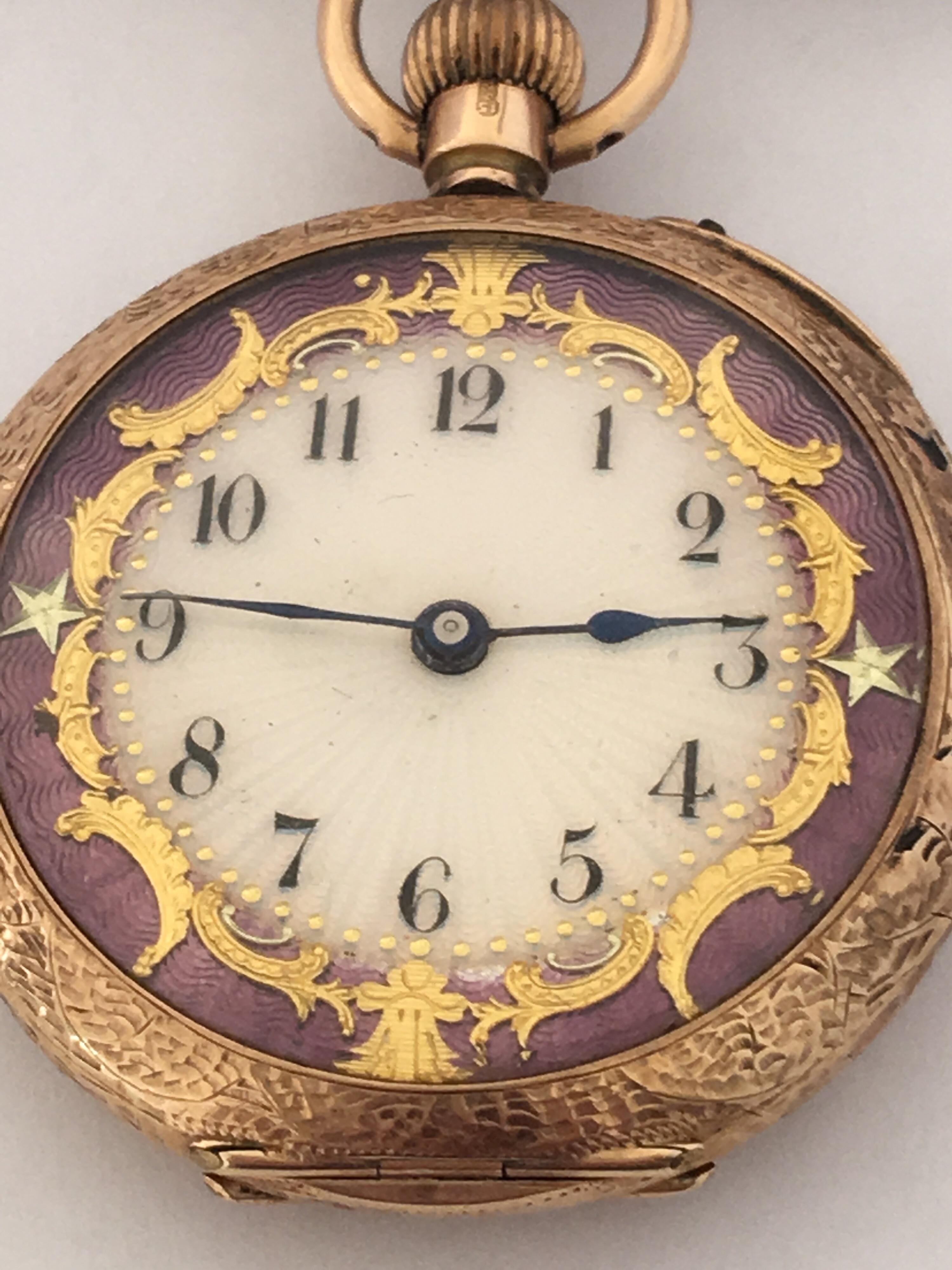 15 Karat Gold Enamel Gold Inlaid Dial Antique Brooch Fob Watch, circa 1890 For Sale 4