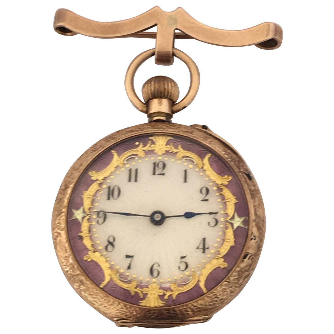 15 Karat Gold Enamel Gold Inlaid Dial Antique Brooch Fob Watch, circa