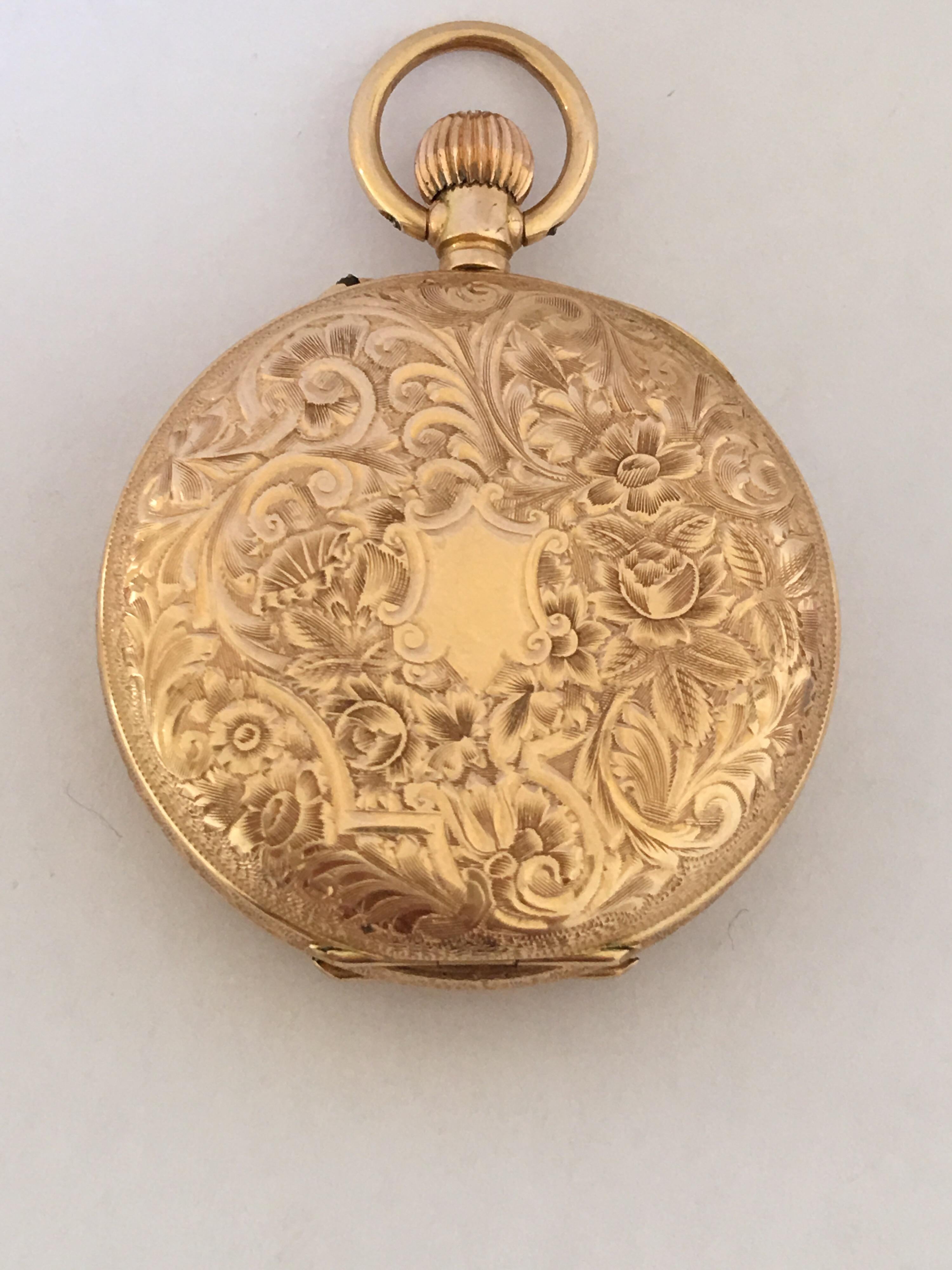 
15K Gold Fully Engraved Case Enamel Dial Fob / Pocket Watch.

This beautiful gold pocket watch is in good working condition and ticks well.