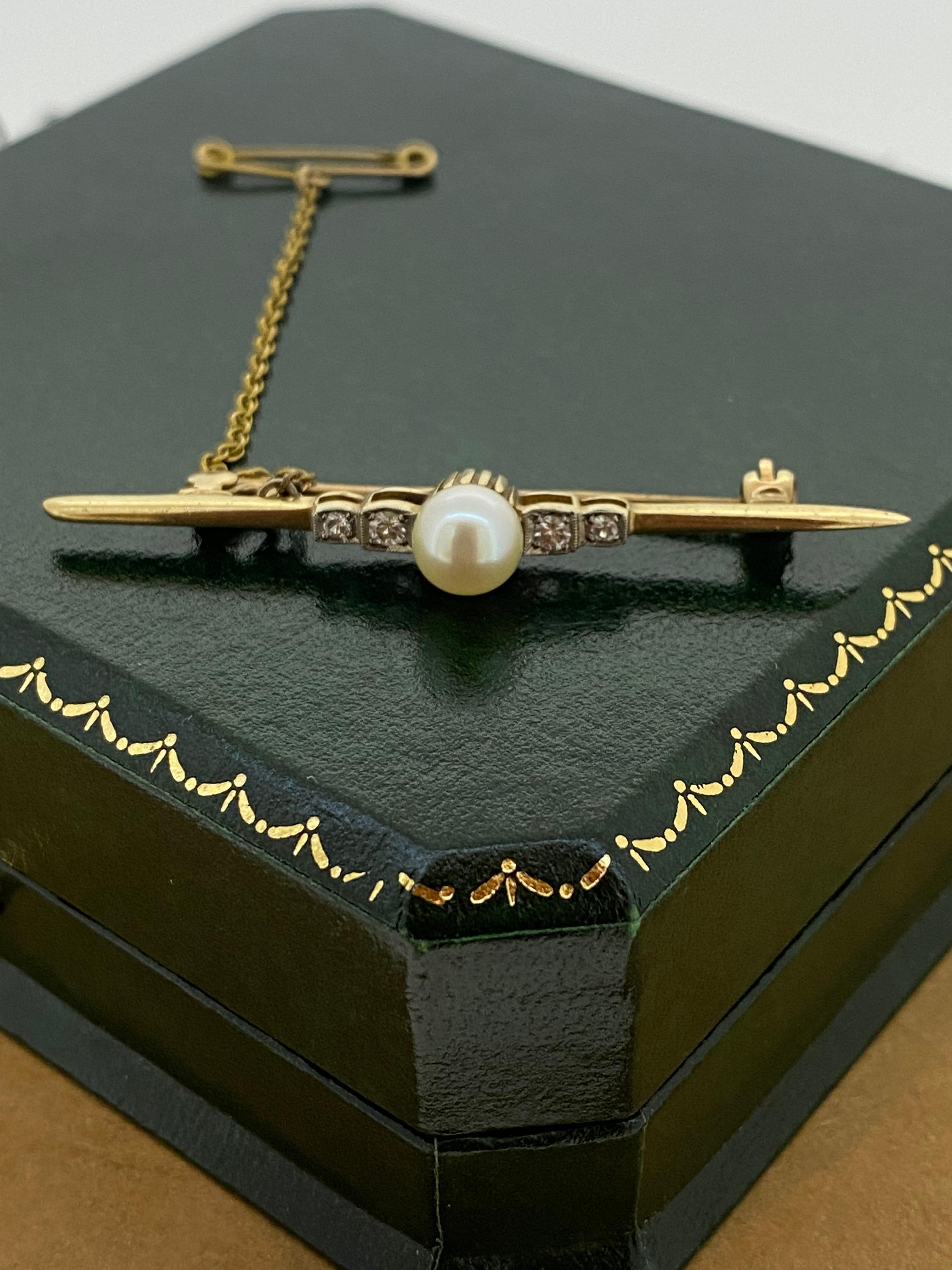 15K Gold Pearl, Diamond Retro Bar Brooch, with Security Chain. For Sale 1