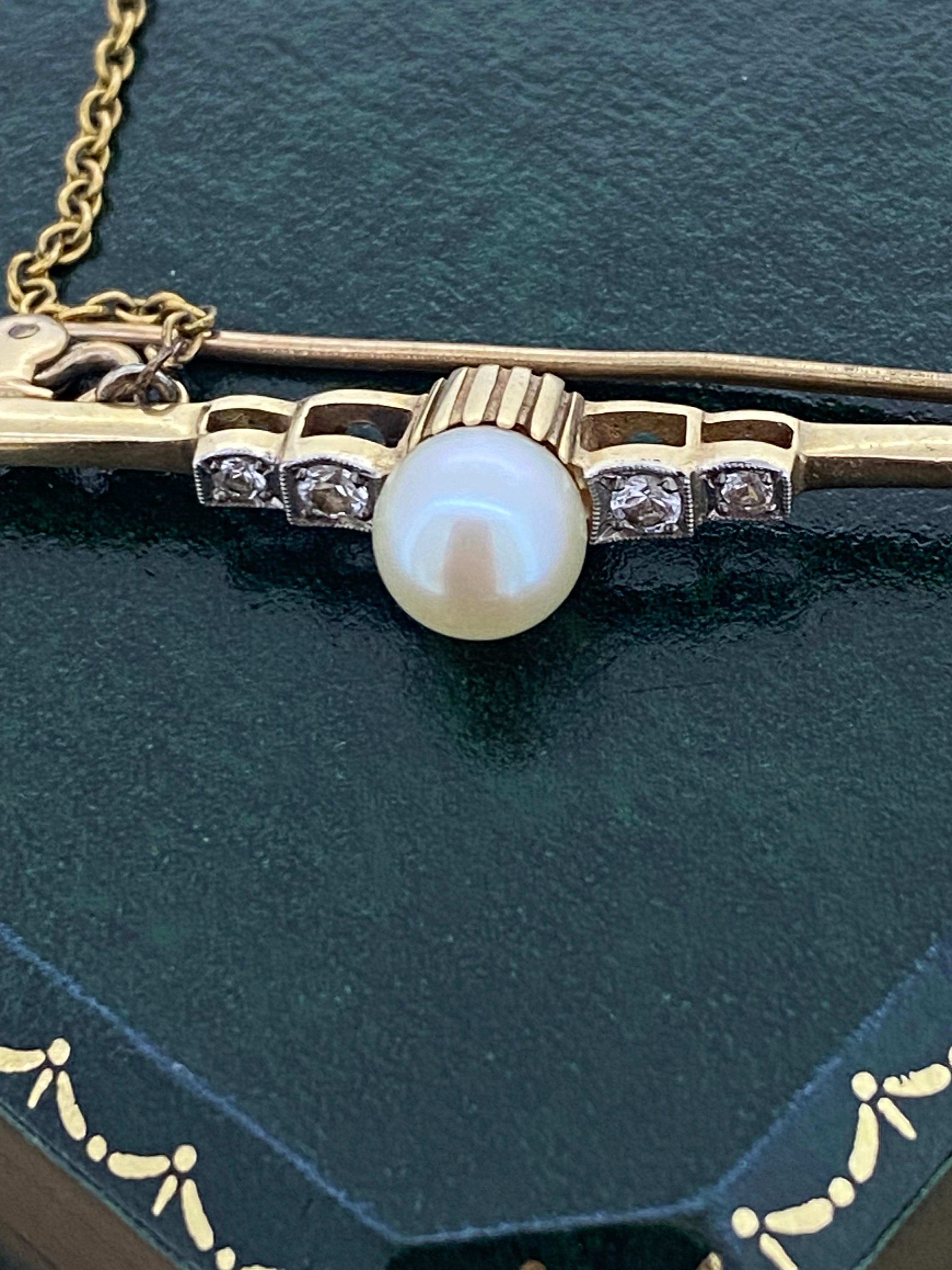 15K Gold Pearl, Diamond Retro Bar Brooch, with Security Chain. For Sale 2