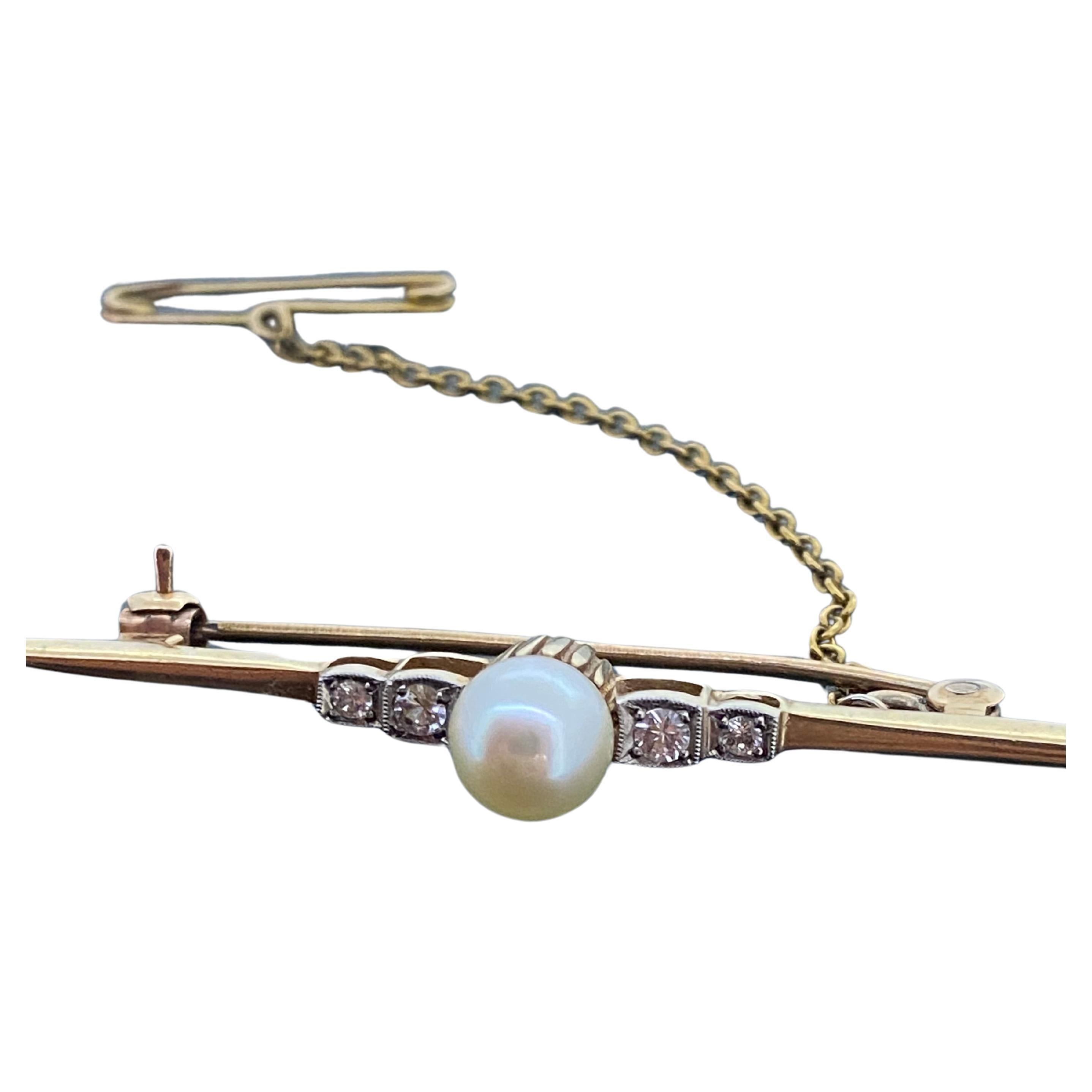 15K Gold Pearl, Diamond Retro Bar Brooch, with Security Chain. For Sale