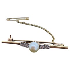 15K Gold Pearl, Diamond Vintage Bar Brooch, with Security Chain.