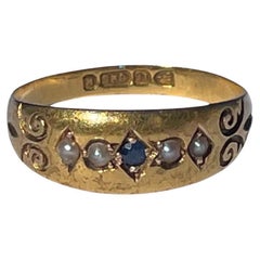 Antique 15k Gold Victorian Seed Pearl & Sapphire Band Ring W/ British Hallmark Date 1893