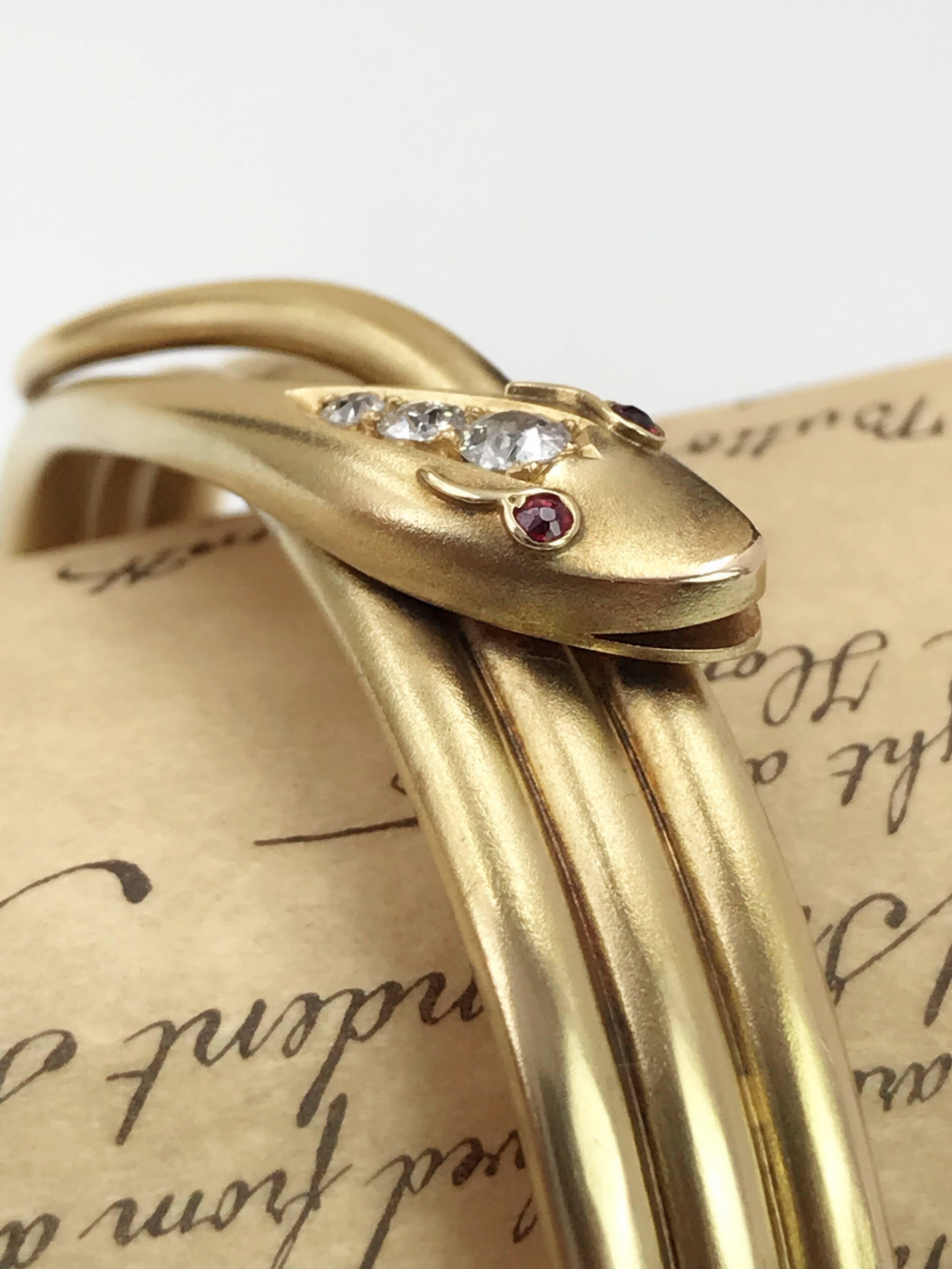 Old European Cut 15K Late Victorian Gold and Diamond Snake Hinged Bangle Bracelet