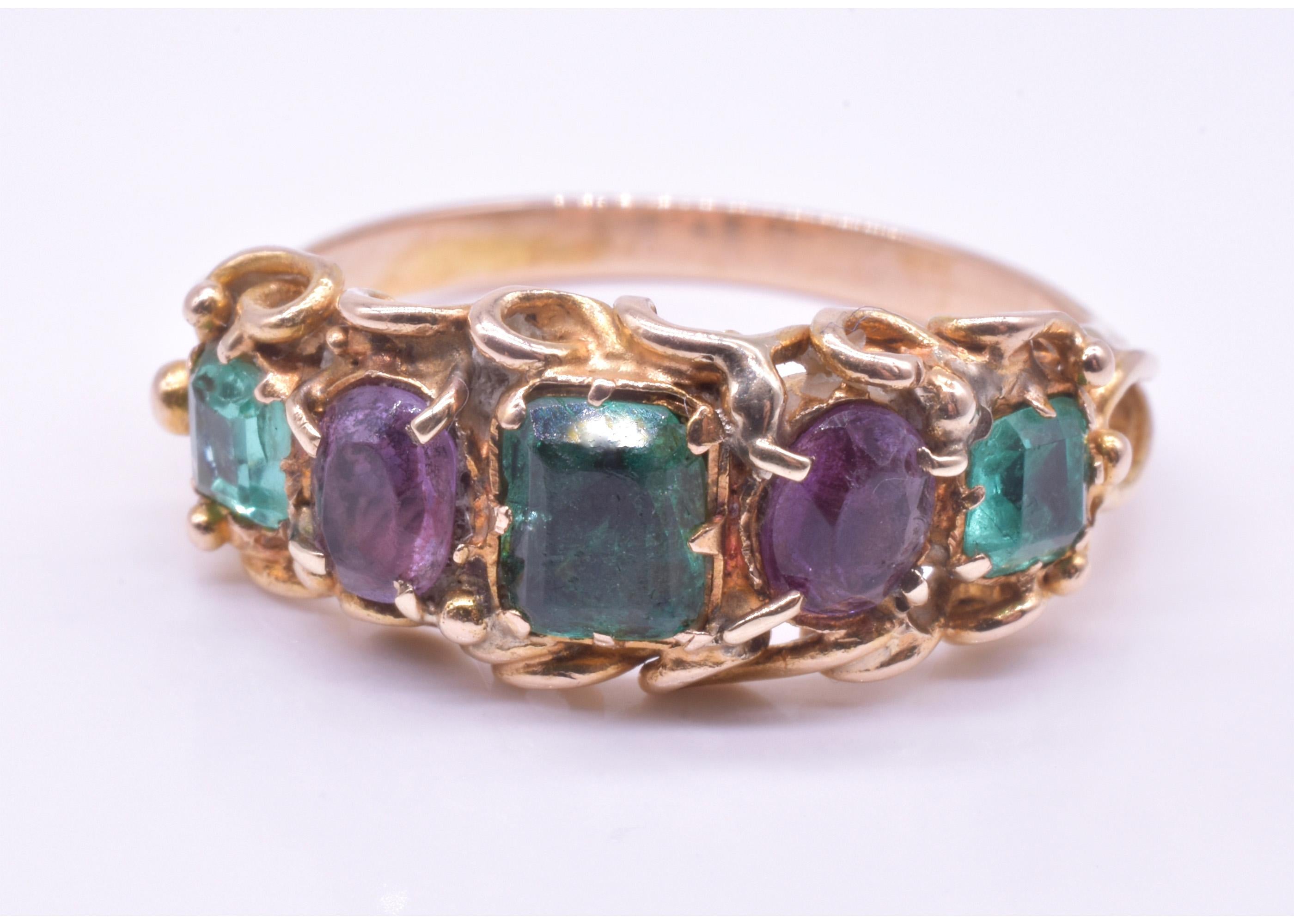 15K Late Victorian Half Hoop Five Stone Emerald and Amethyst Ring 4