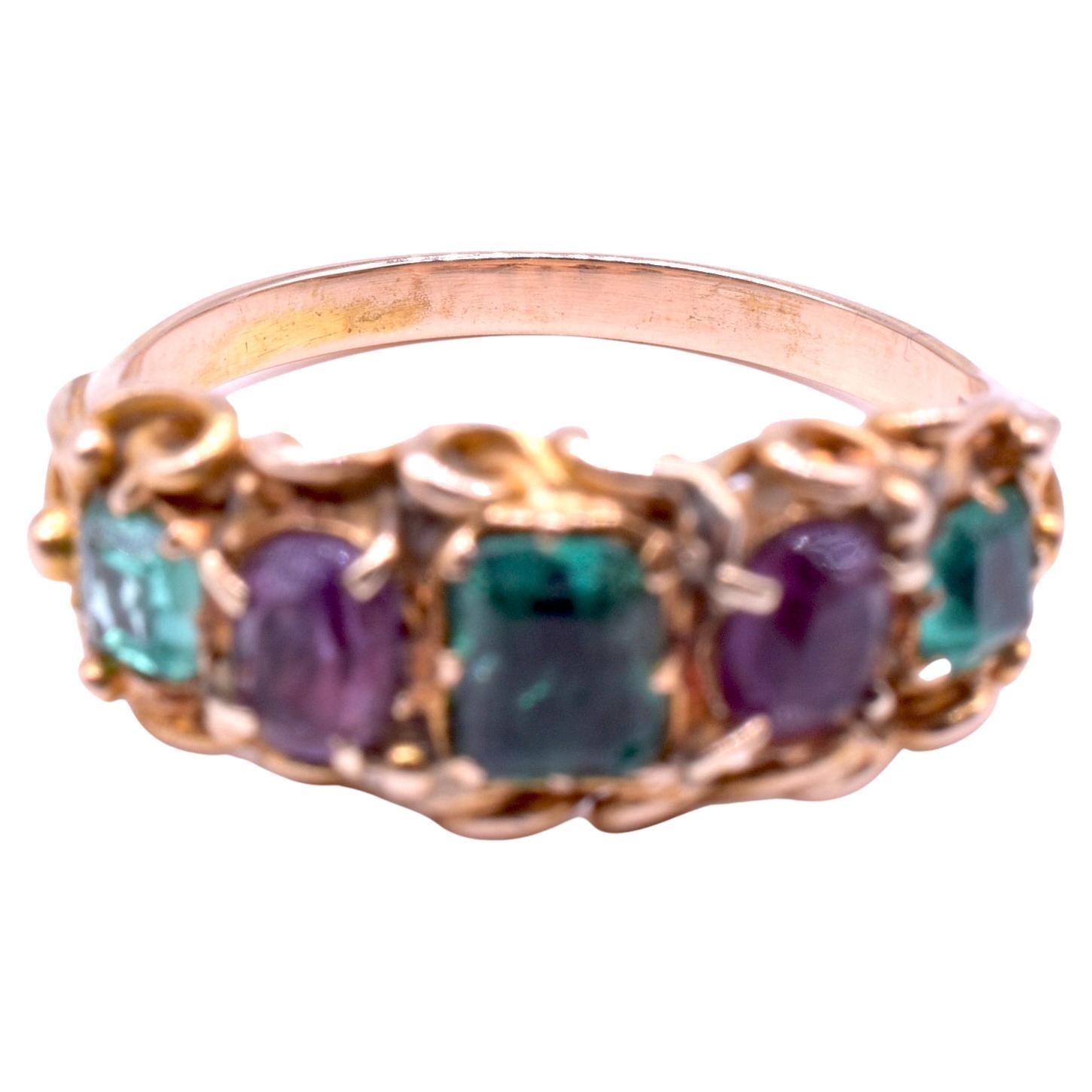 Edwardian 15K Late Victorian Half Hoop Five Stone Emerald and Amethyst Ring
