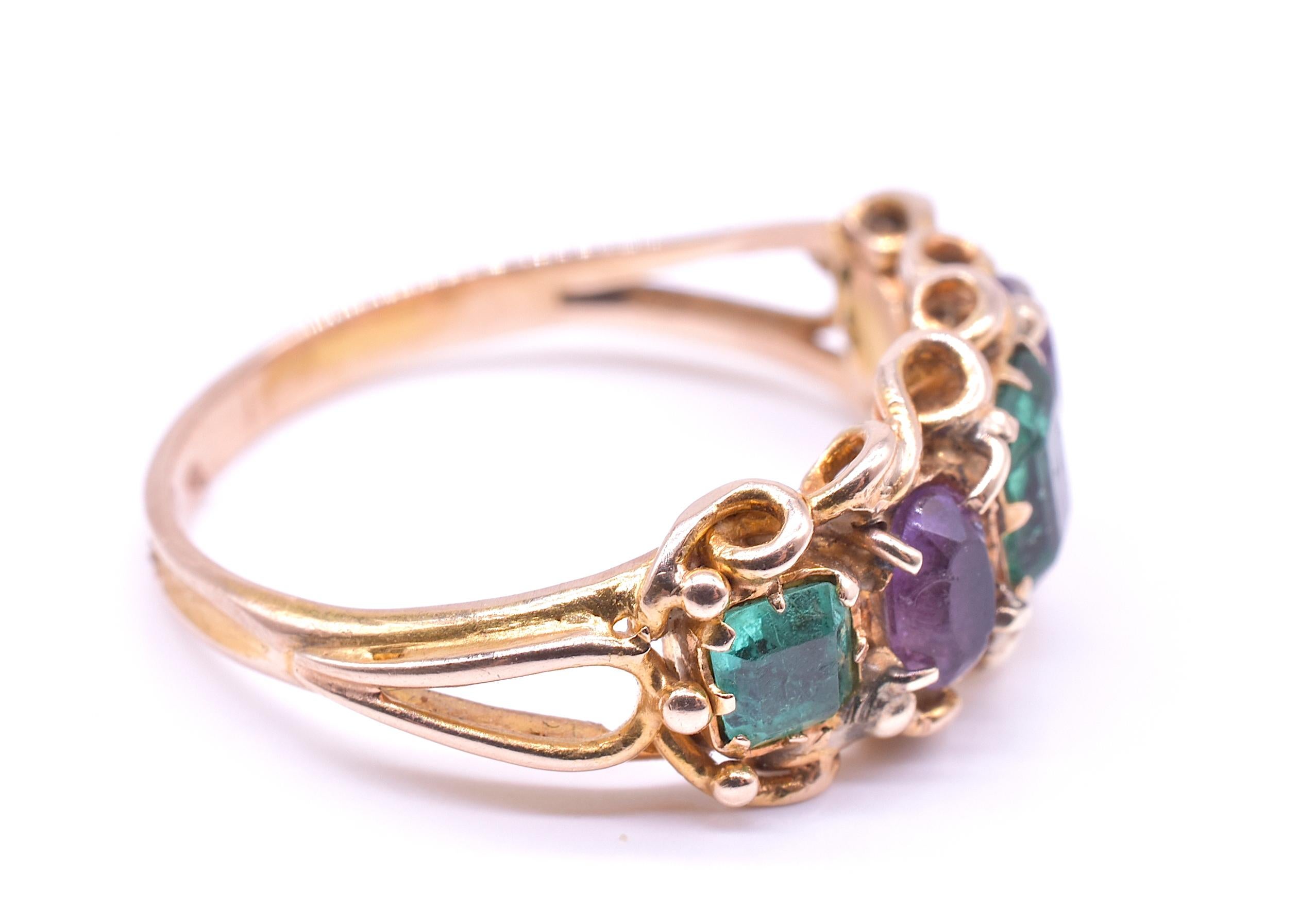 Old Mine Cut 15K Late Victorian Half Hoop Five Stone Emerald and Amethyst Ring