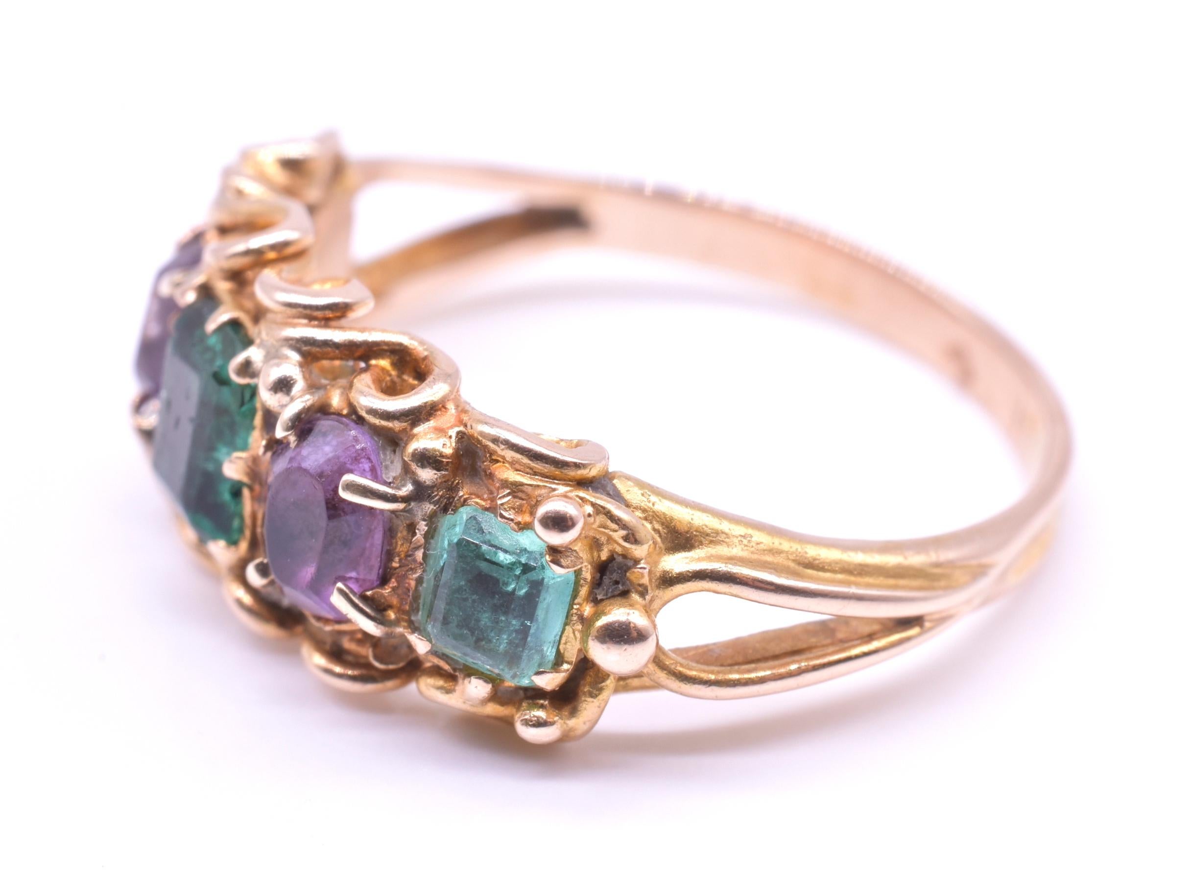 15K Late Victorian Half Hoop Five Stone Emerald and Amethyst Ring In Excellent Condition In Baltimore, MD
