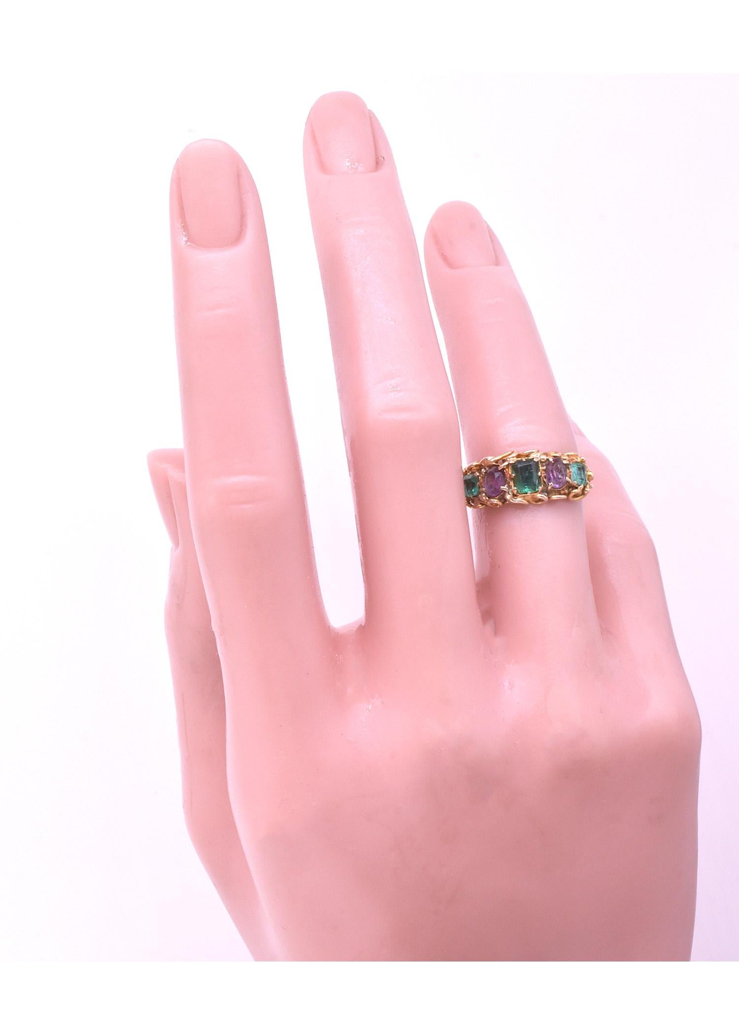 15K Late Victorian Half Hoop Five Stone Emerald and Amethyst Ring 3