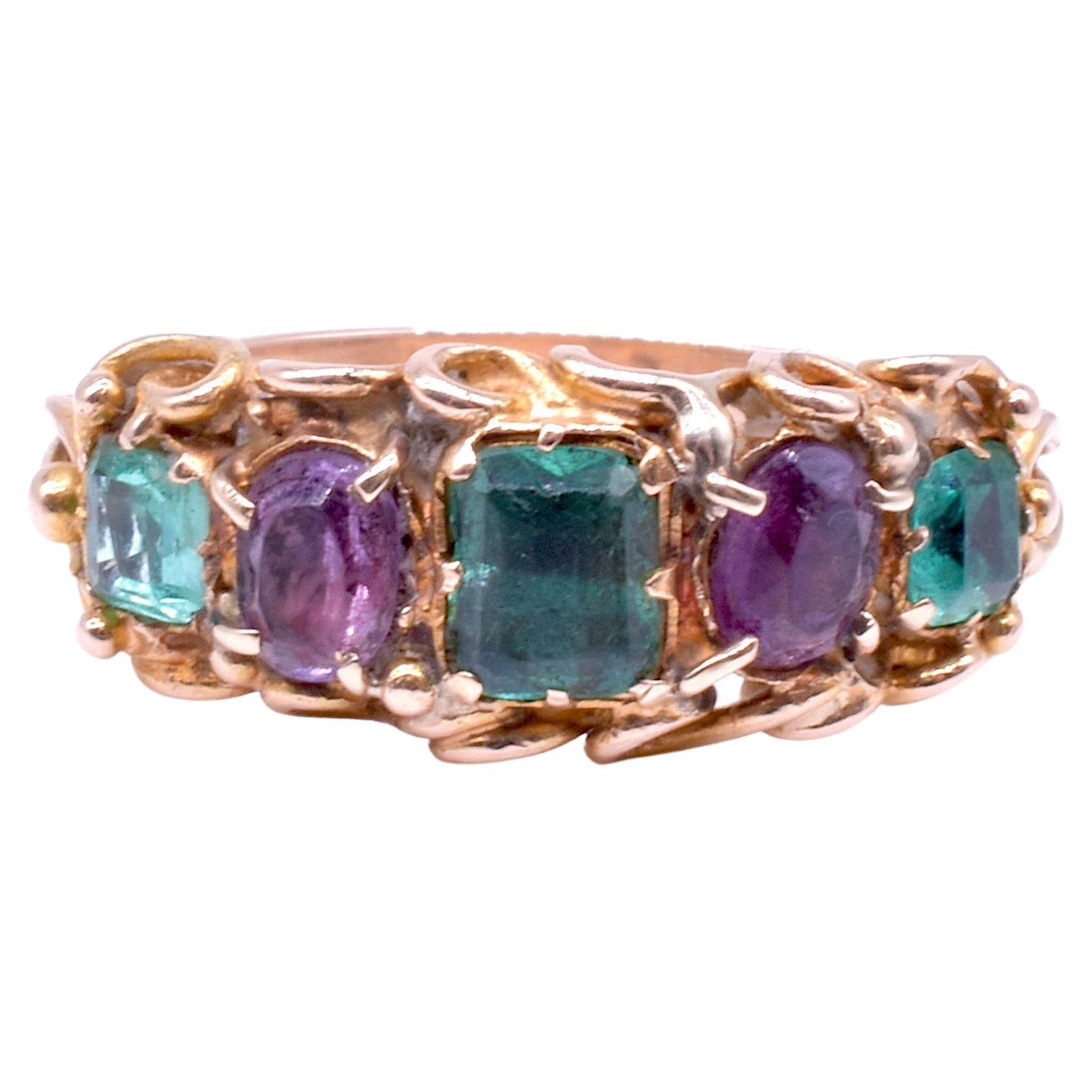 15K Late Victorian Half Hoop Five Stone Emerald and Amethyst Ring