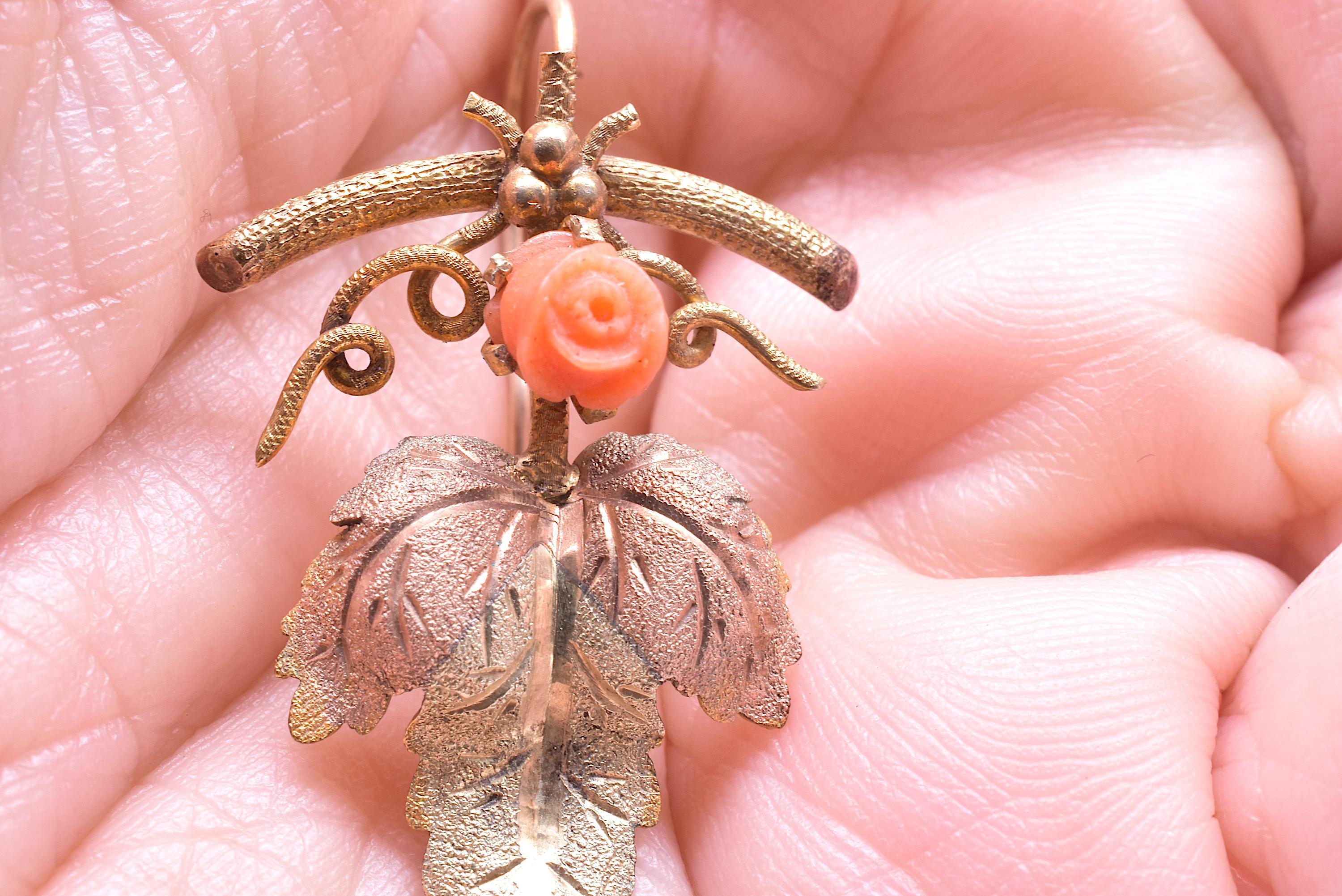 Cabochon 15 Karat Two Color Gold Coral Leaf Form Earrings, circa 1900