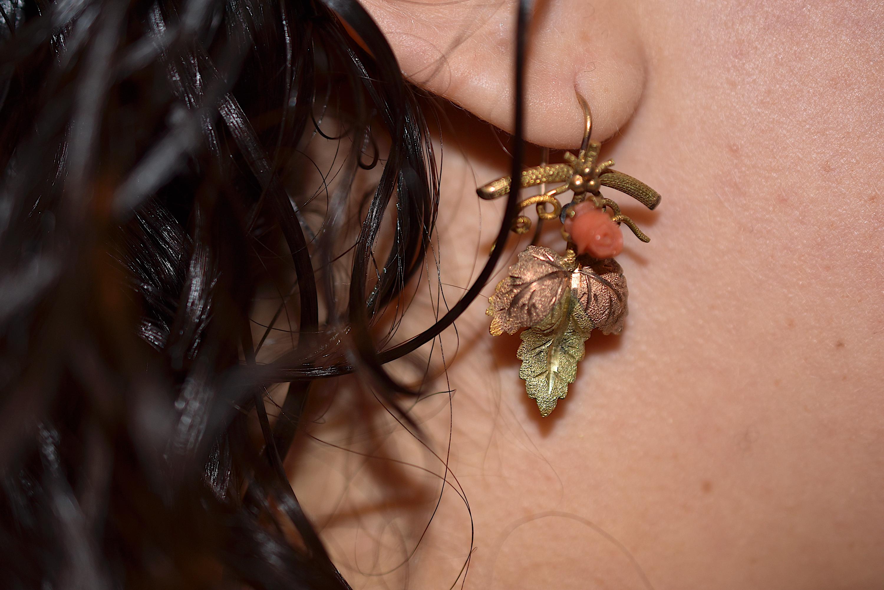 Women's 15 Karat Two Color Gold Coral Leaf Form Earrings, circa 1900