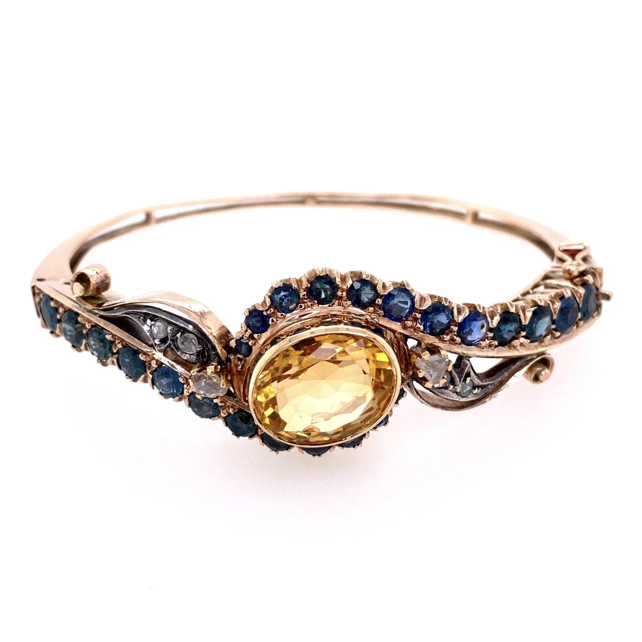 Oval Cut 15 Karat Victorian Bangle Bracelet with Sapphires, Citrine and Diamonds 22.1g